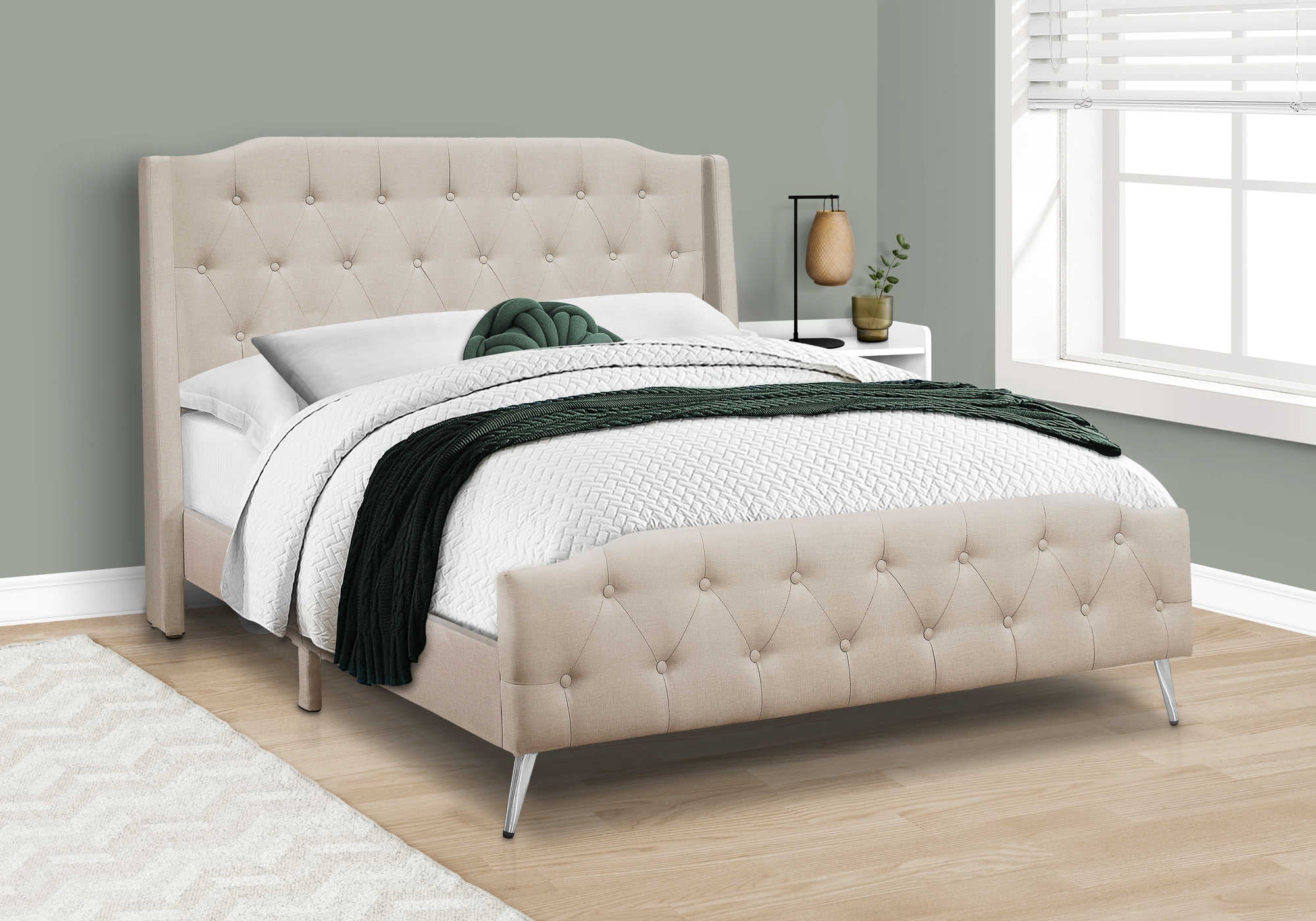 Image of bed - queen size / beige linen with chrome metal legs i 6046q.
