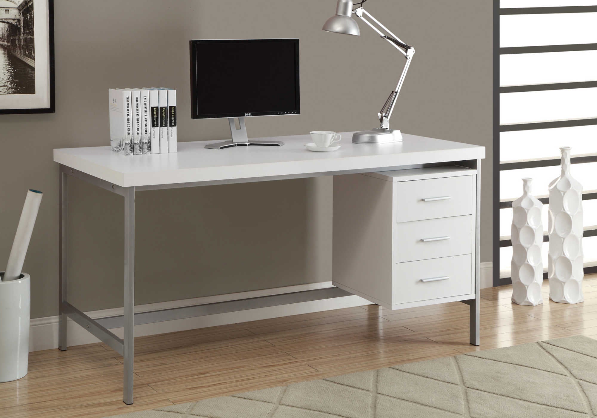 Image of computer desk - 60"l / white / silver metal  i 7046.