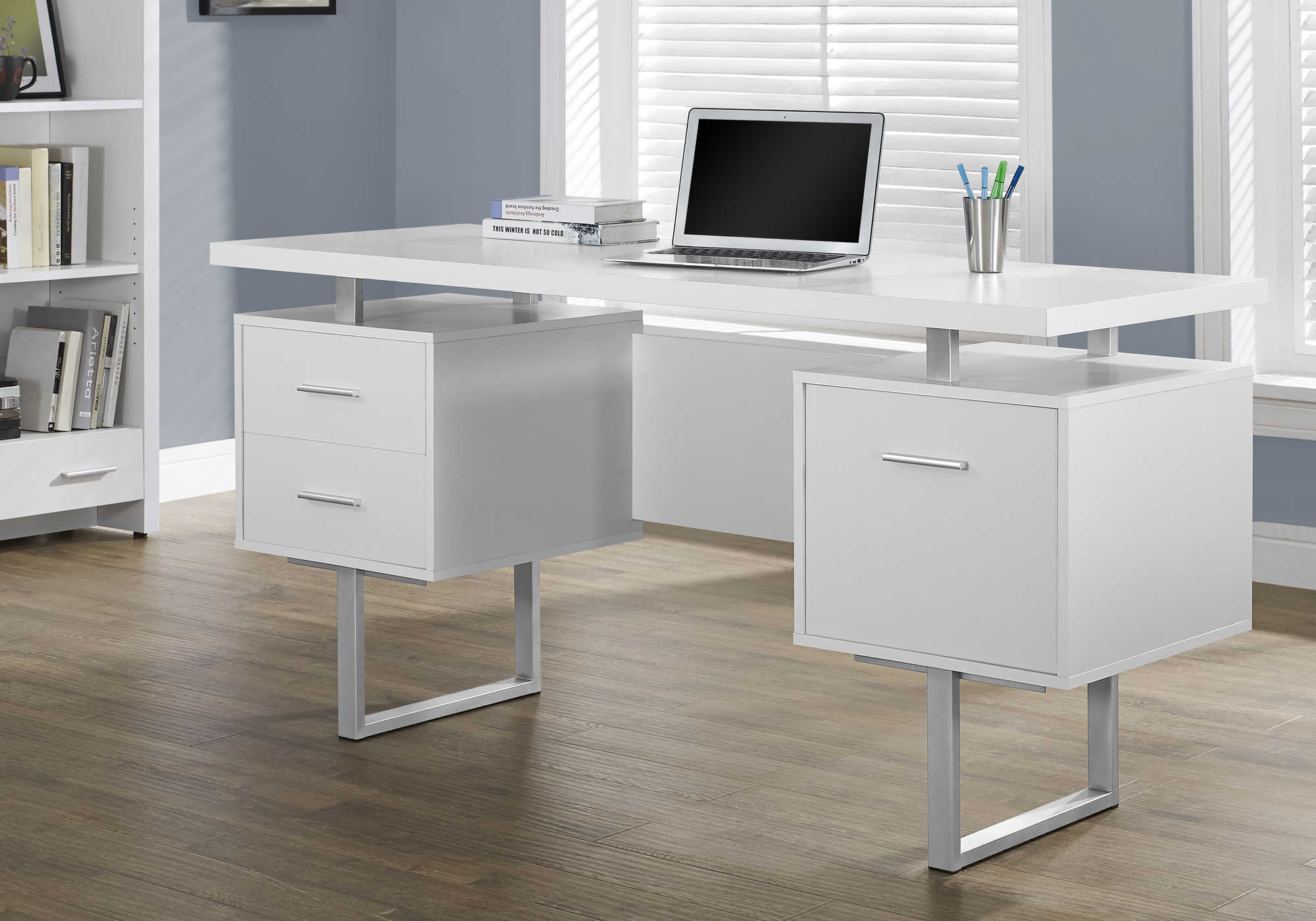 Image of computer desk - 60"l / white / silver metal  i 7081.