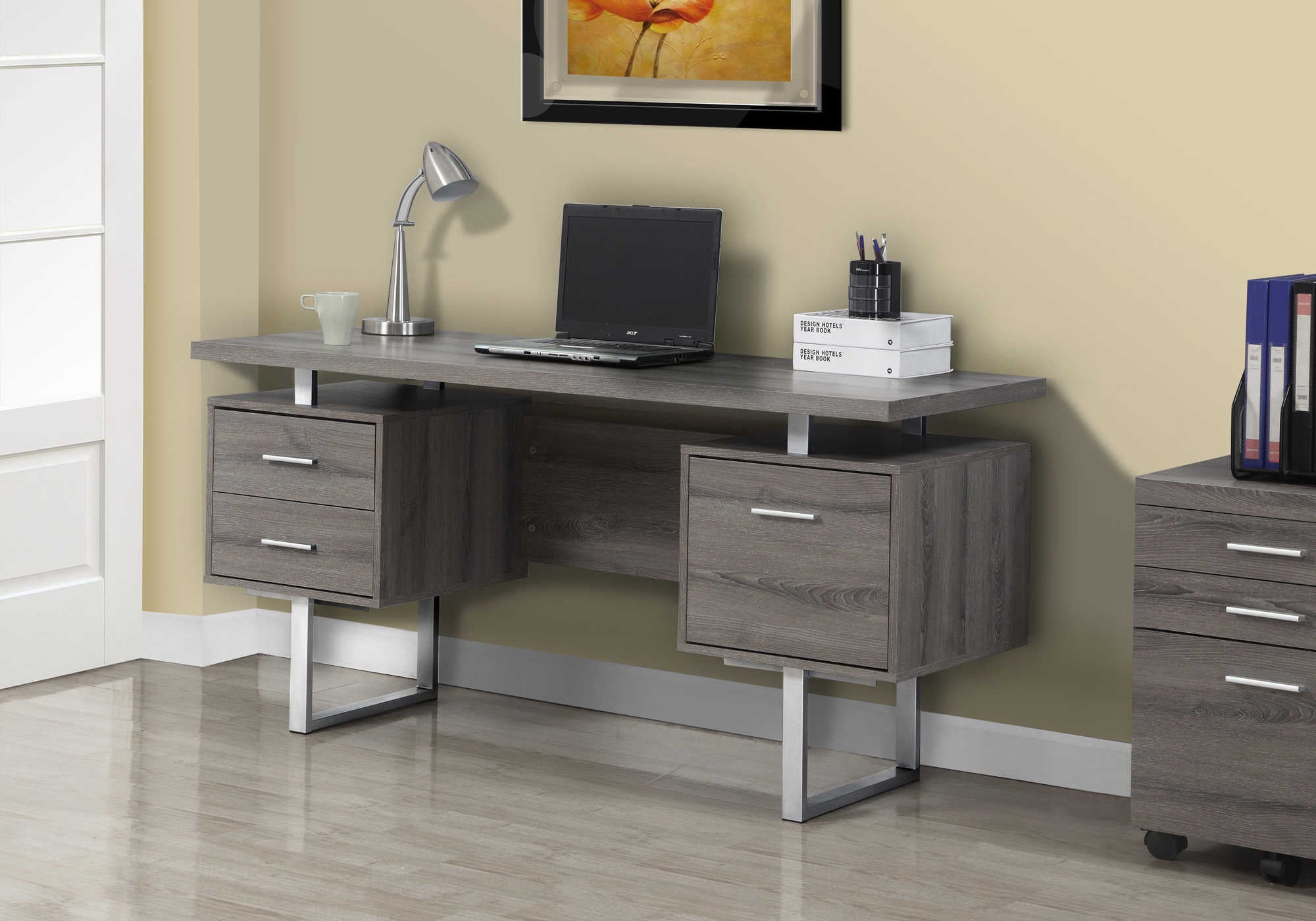 Image of computer desk - 60"l / dark taupe / silver metal  i 7082.