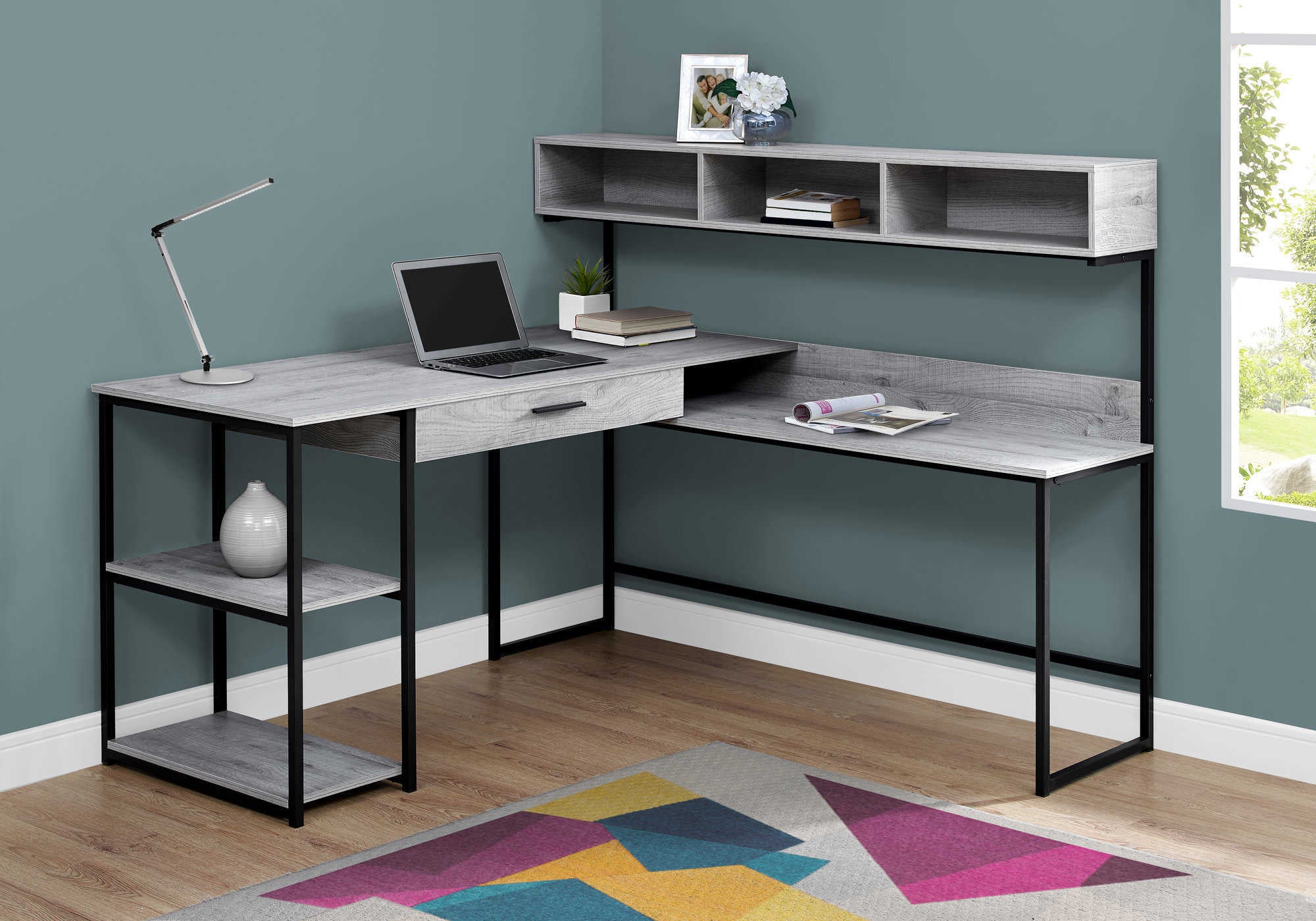 Image of computer desk - grey / black metal corner i 7160.