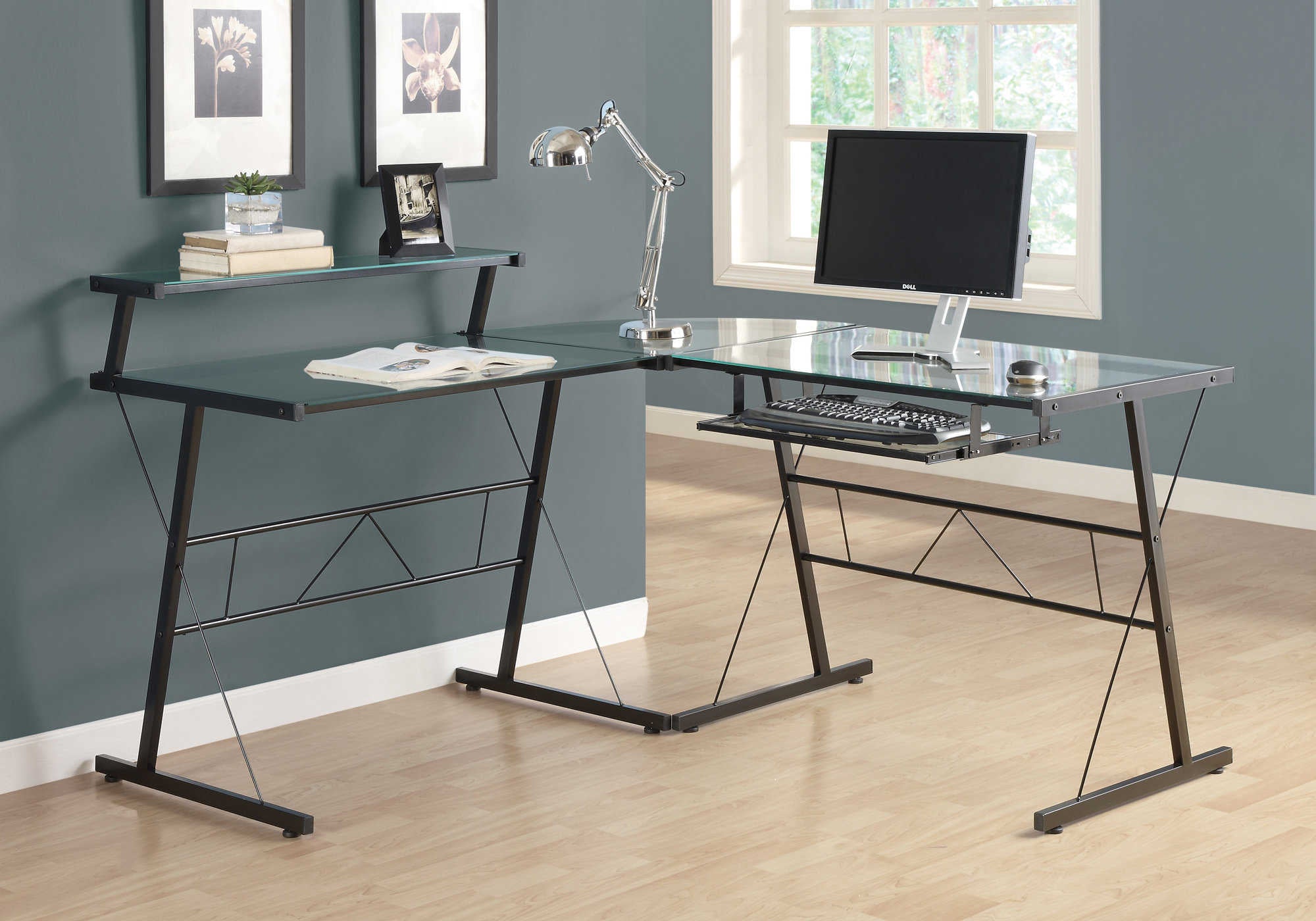 Image of computer desk - black metal corner with tempered glass i 7172.
