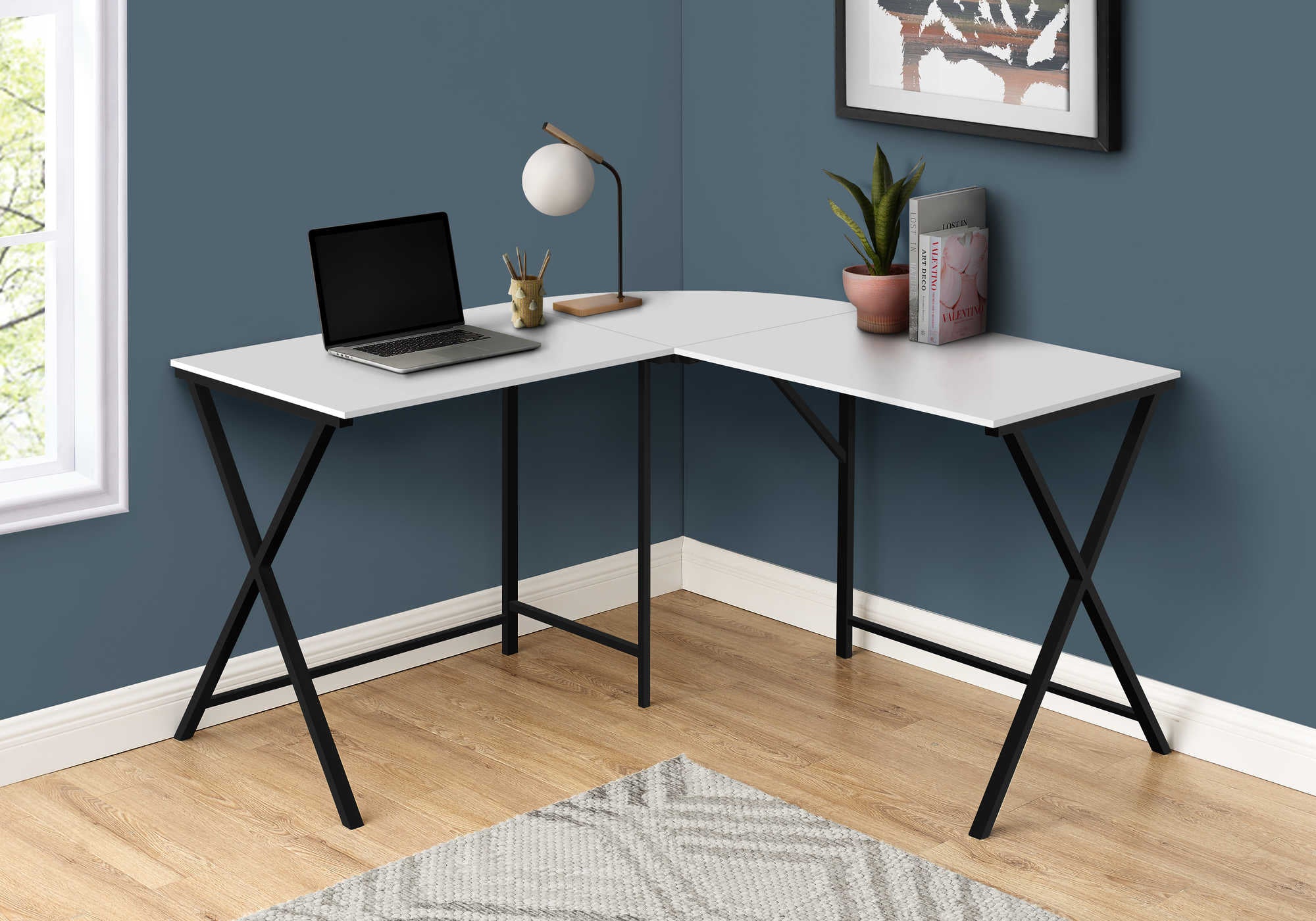 Image of computer desk - 55"l / white top / black metal corner i 7195.