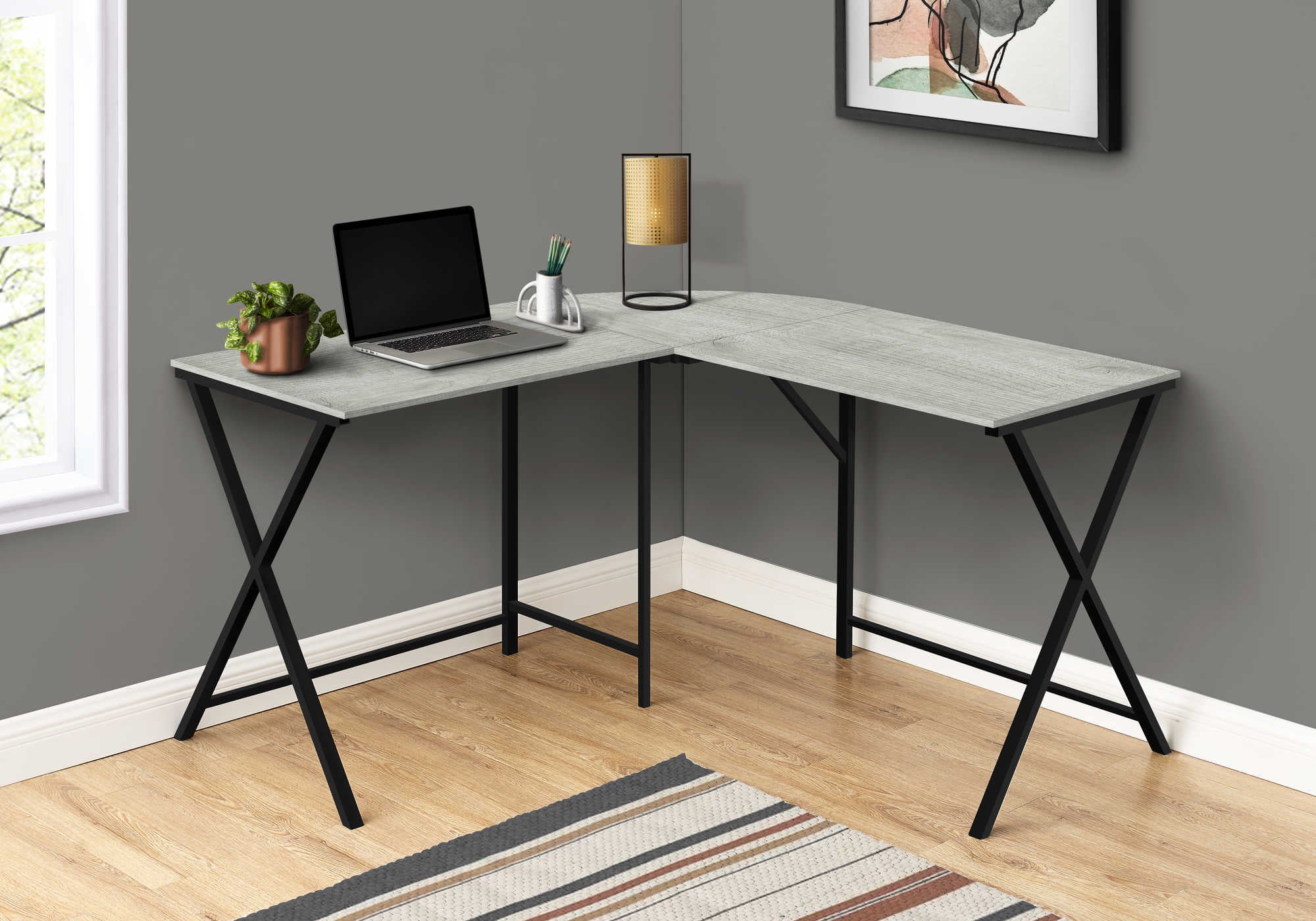 Image of computer desk - 55"l / grey top / black metal corner i 7196.