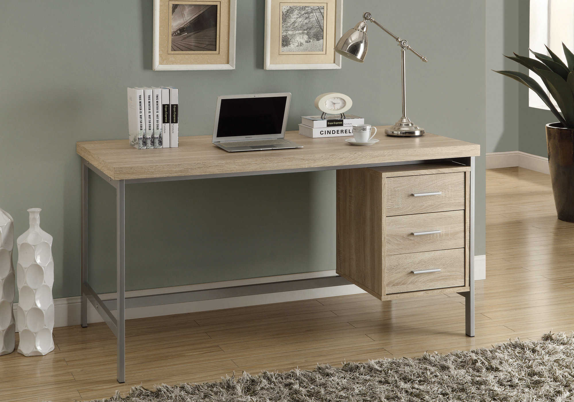 Image of computer desk - 60"l / natural with silver metal  i 7245.