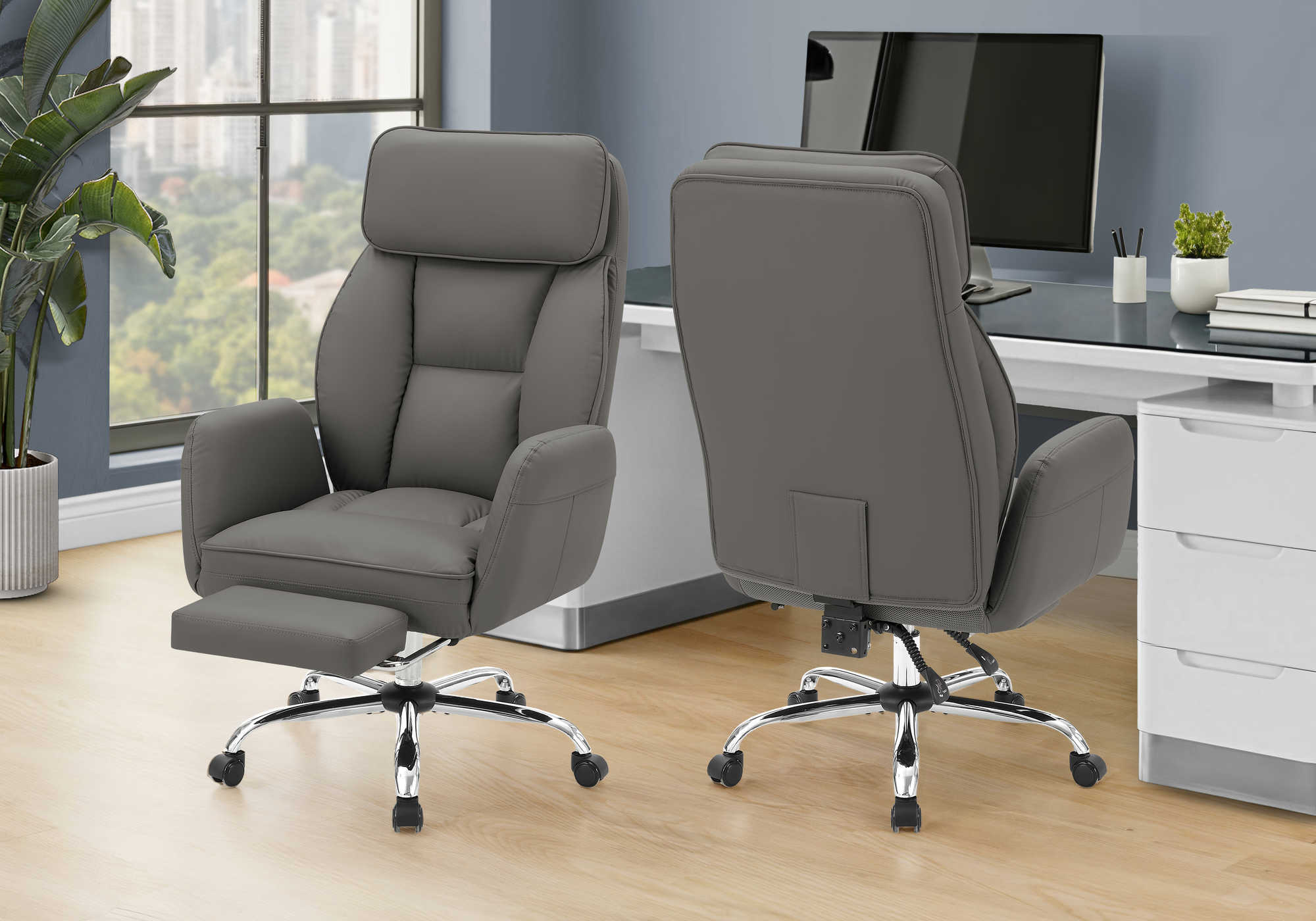 CHAISE DE BUREAU - GRIS FONCE SIMILI-CUIR / DOSSIER EXECUTIF – I 7274