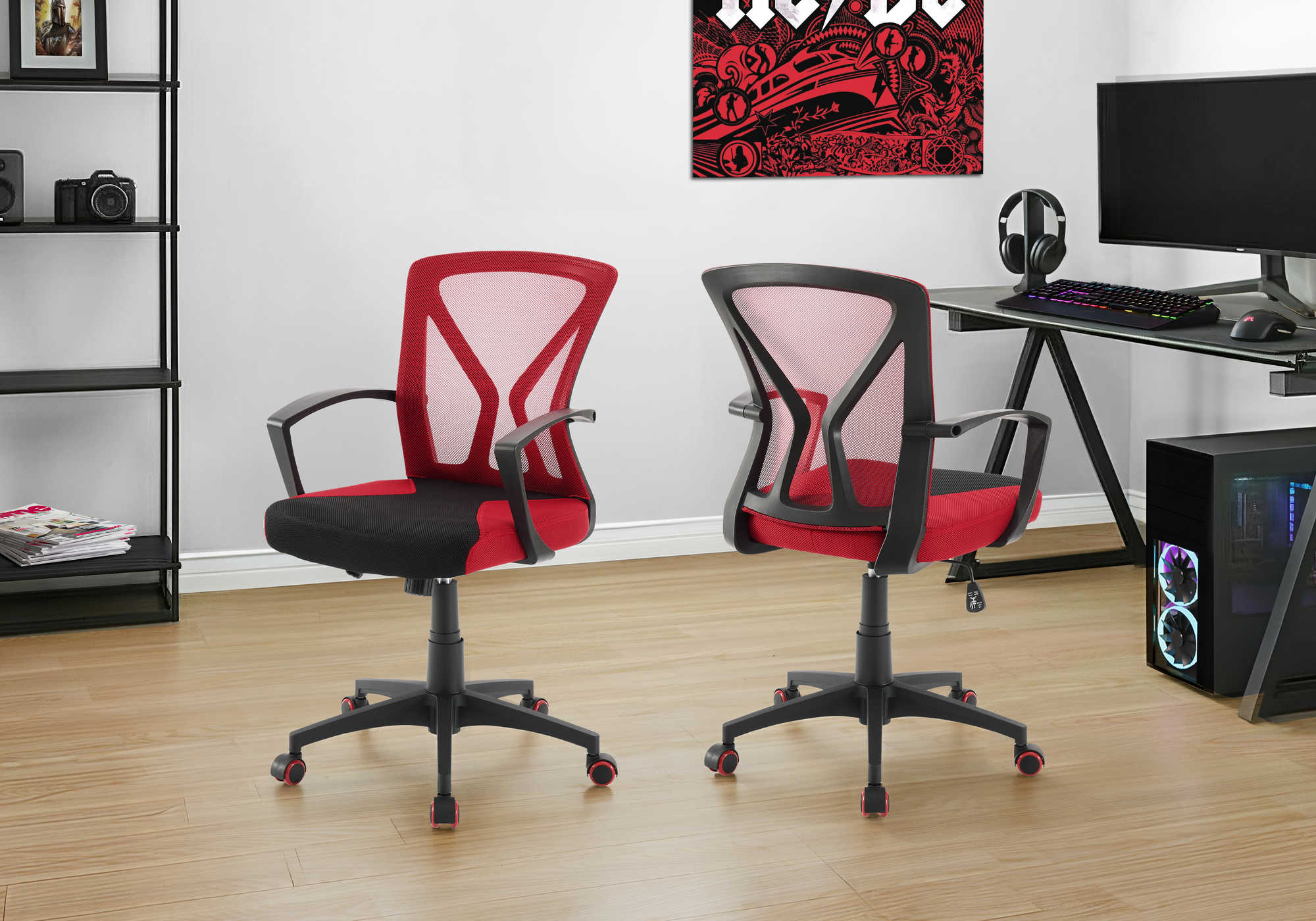 CHAISE DE BUREAU - JEU / TISSU NOIR / ROUGE SUR ROULETTES – I 7357