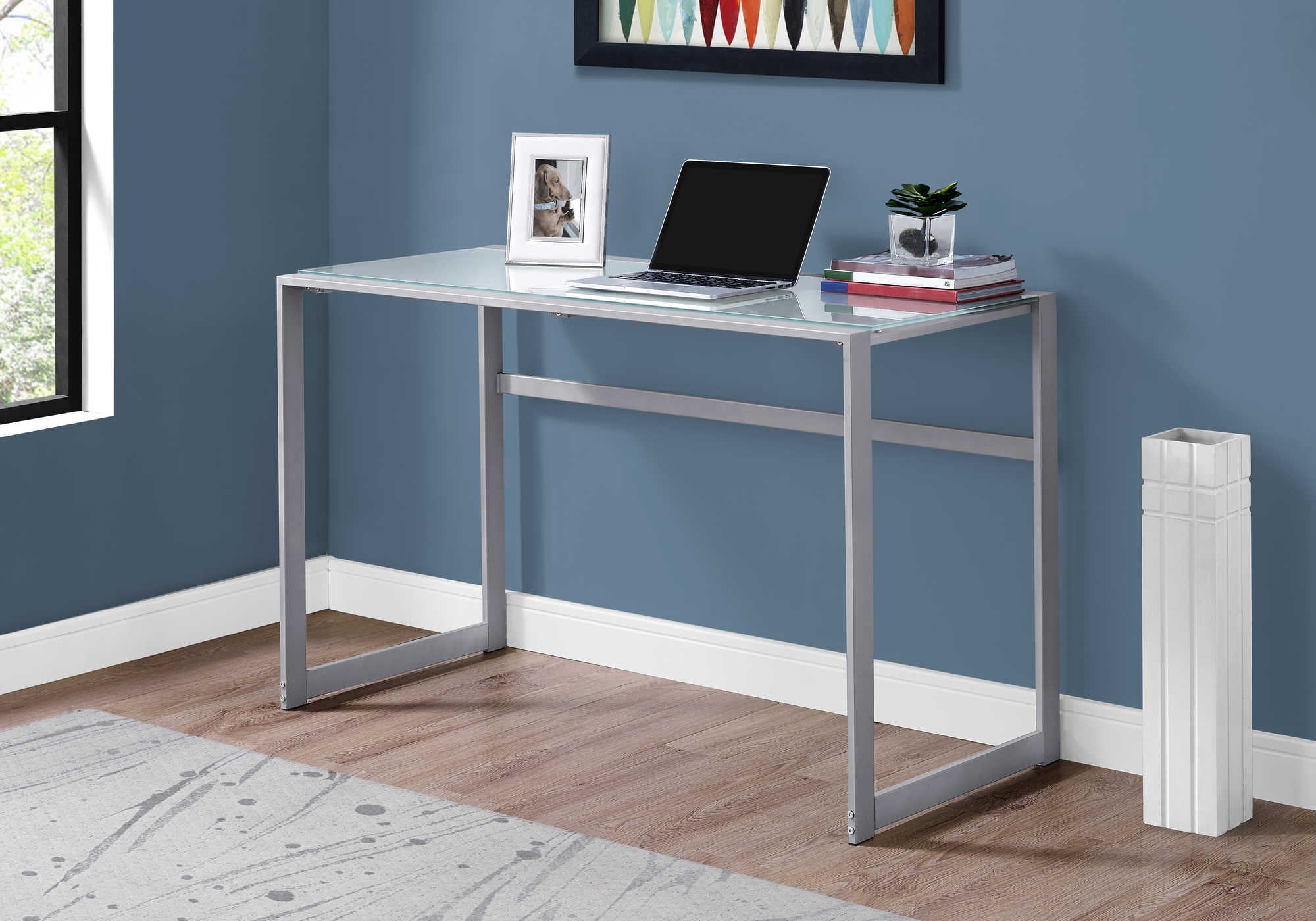Image of computer desk - 48"l / silver metal/ white tempered glass i 7380.