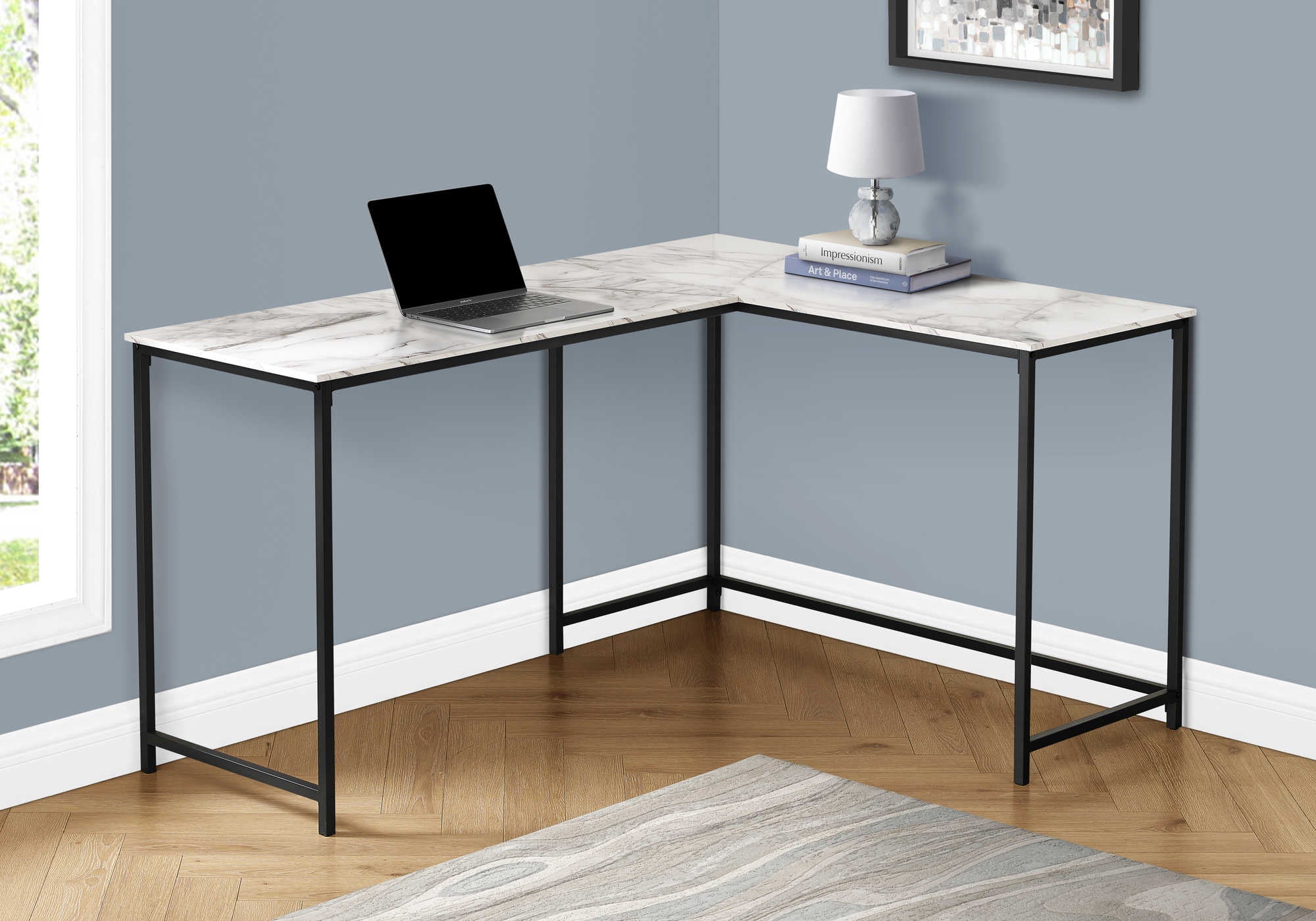 Image of computer desk - 58"l / white marble / black metal corner i 7393.