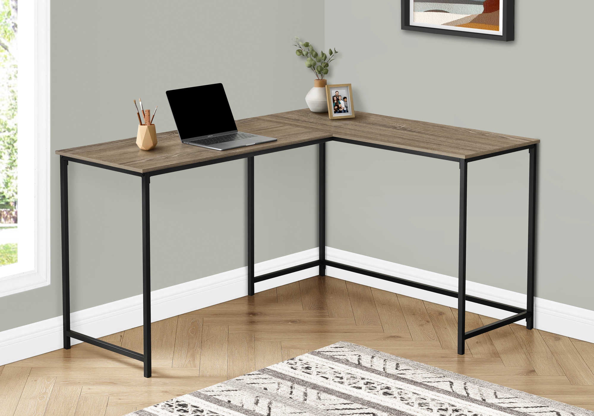 Image of computer desk - 58"l/ dark taupe/ black metal corner i 7398.