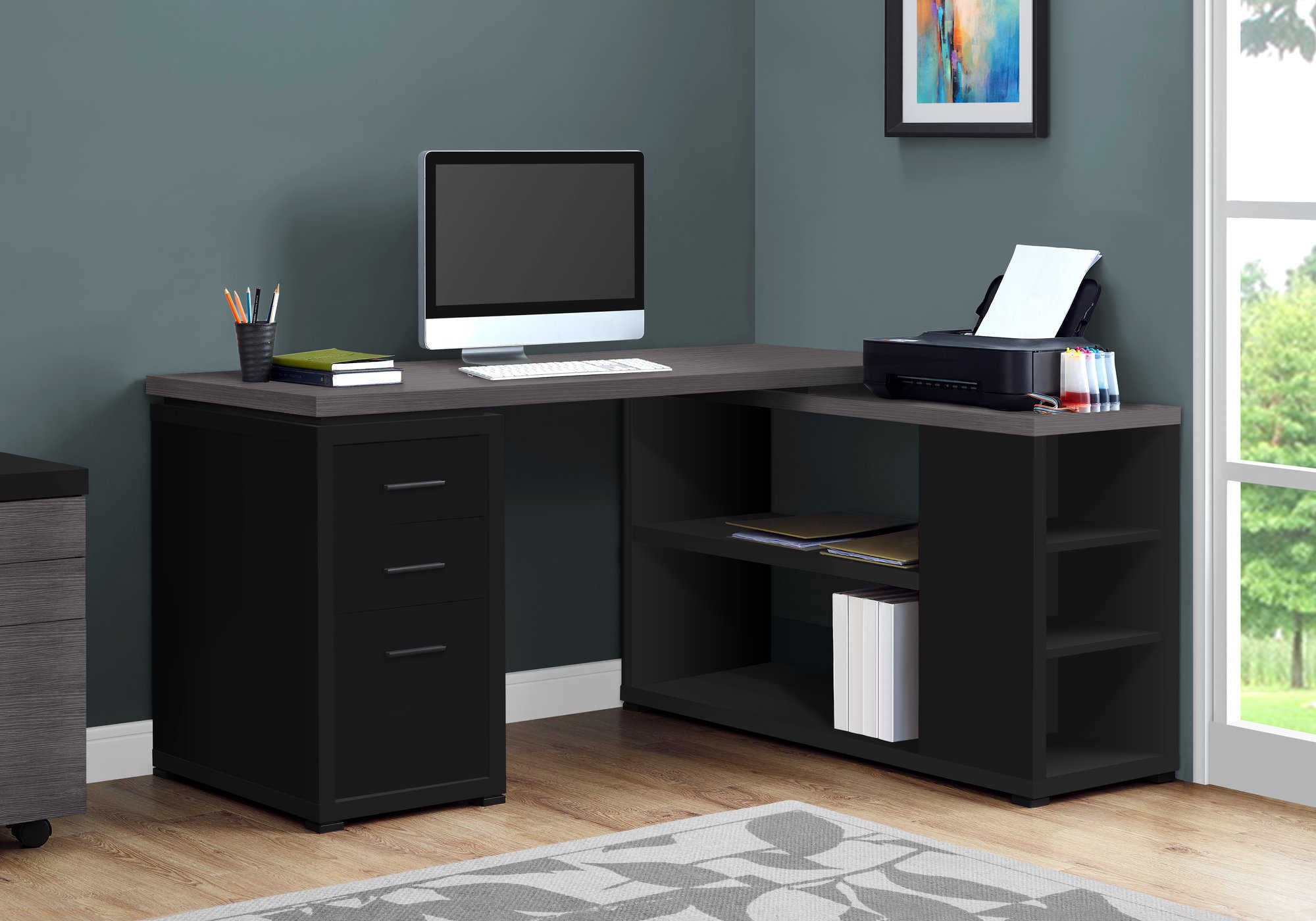 Image of computer desk - black / grey top left/right facing corner i 7419.