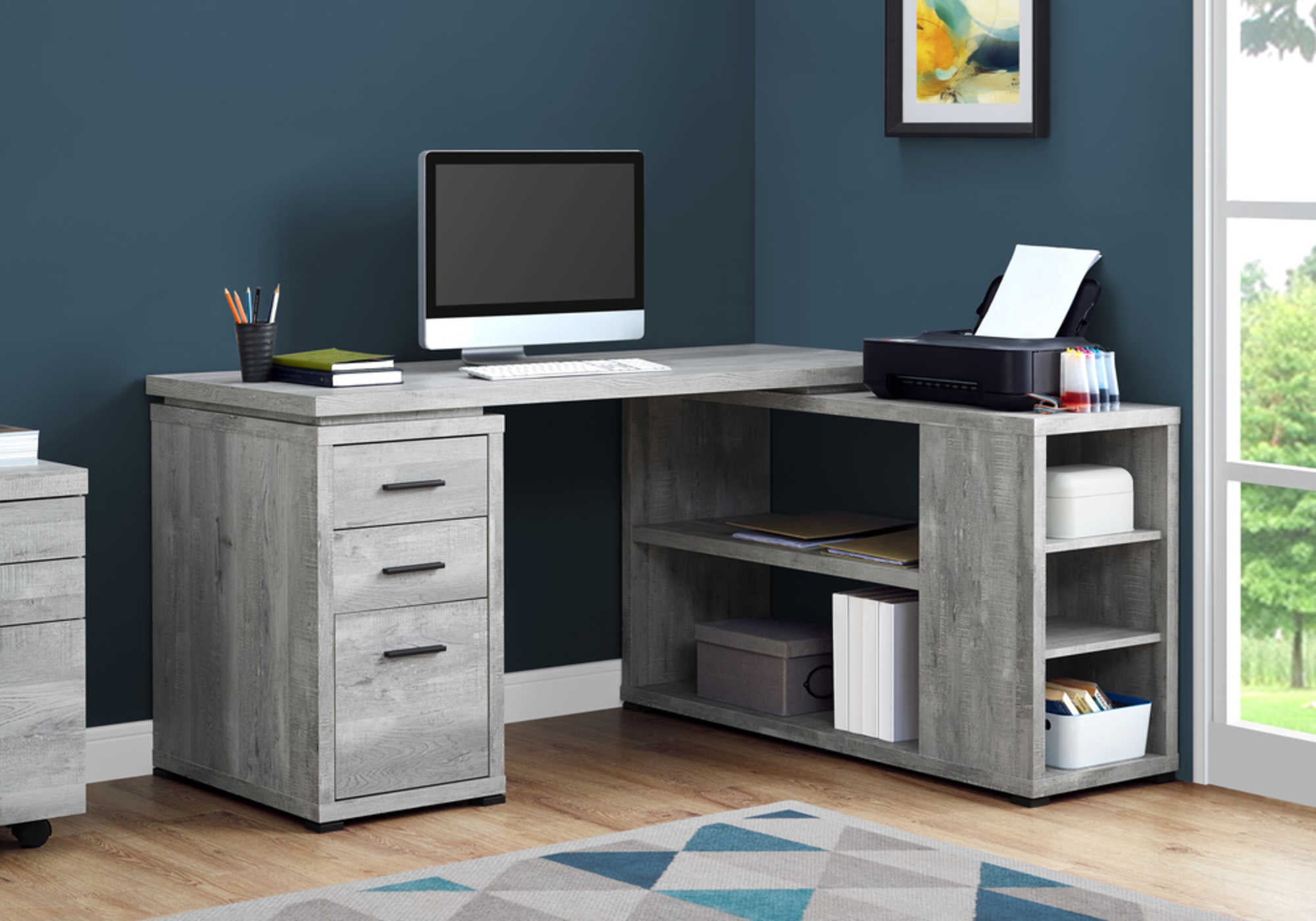 Image of computer desk - grey reclaimed wood l/r facing corner i 7421.