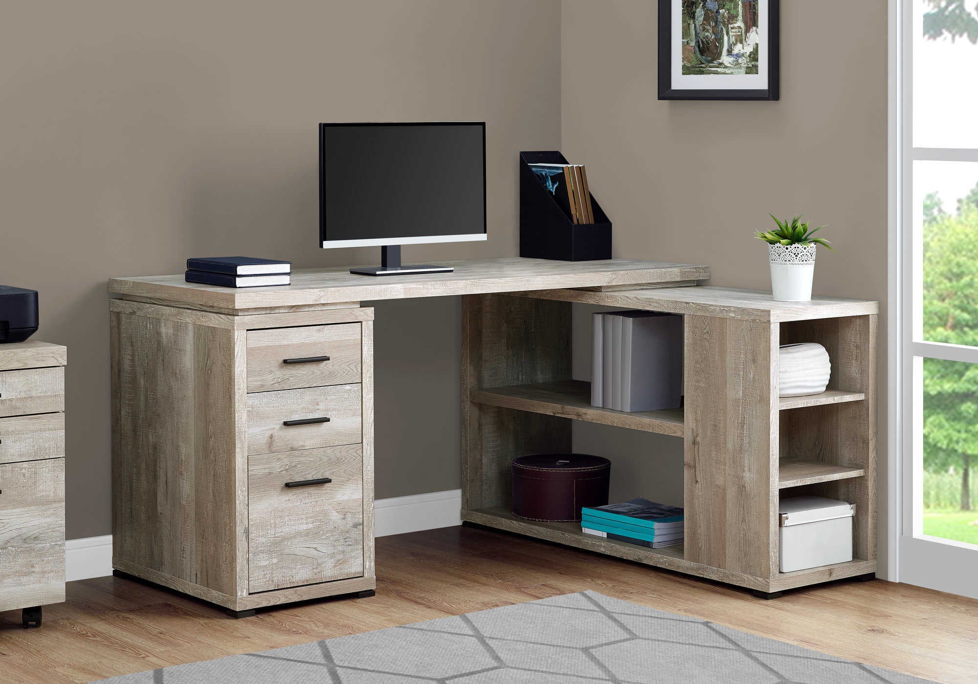 Image of computer desk - taupe reclaimed wood l/r facing corner i 7422.