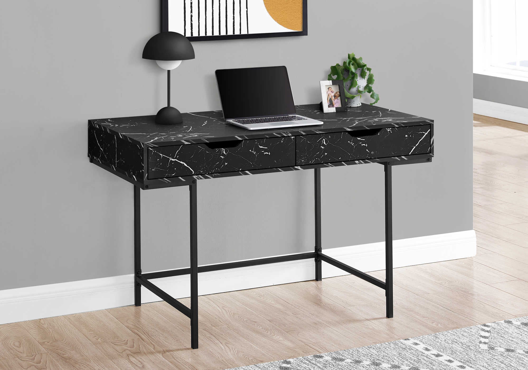 Image of computer desk - 48"l / black marble-look / black metal i 7552.