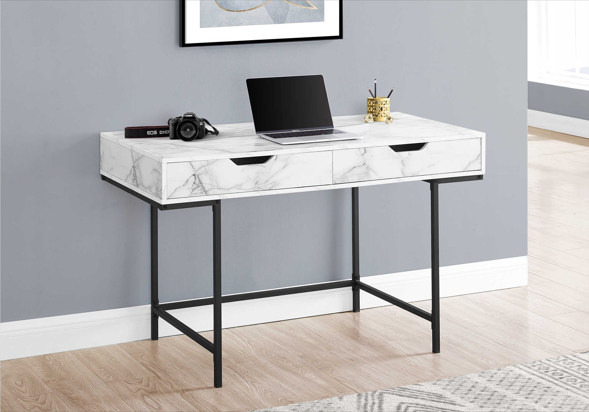 Image of computer desk - 48"l / white marble-look / black metal i 7558.