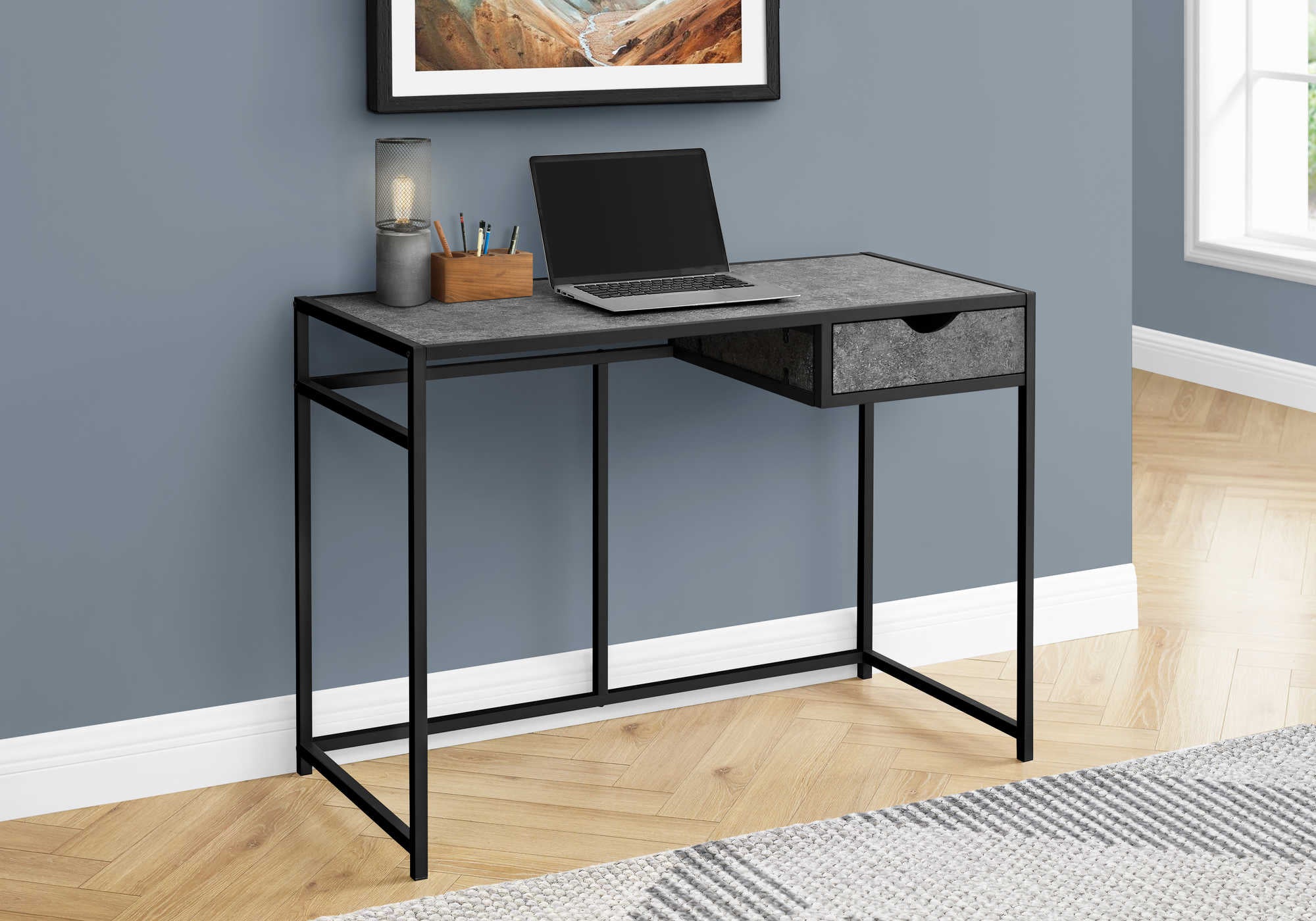 Image of computer desk - 42"l / grey stone-look / black metal i 7573.