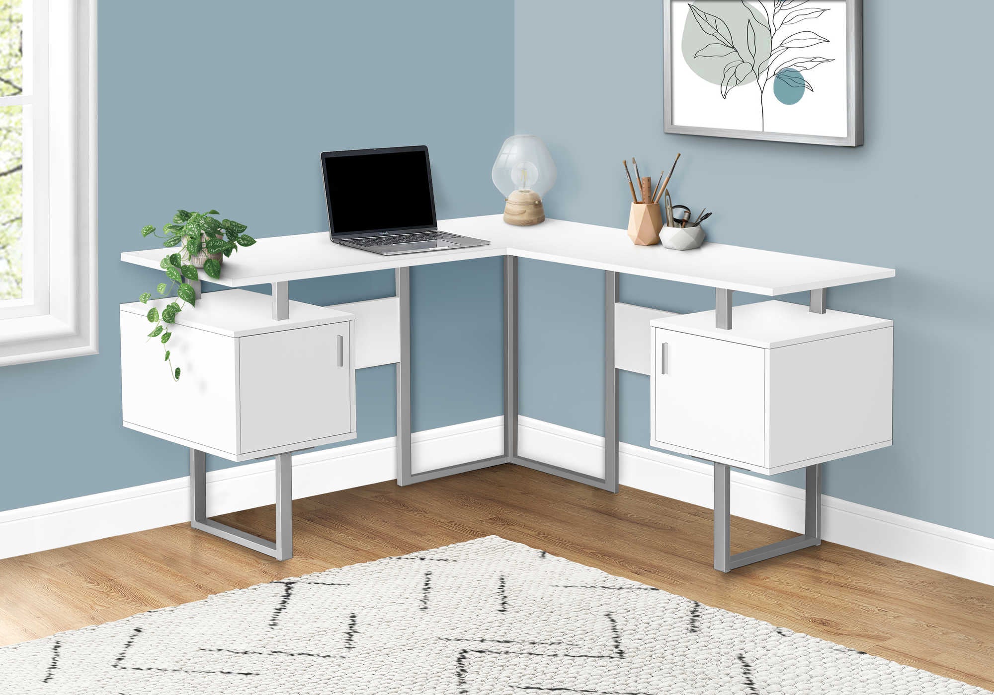 Image of computer desk - 58"l / white / silver metal corner i 7695.