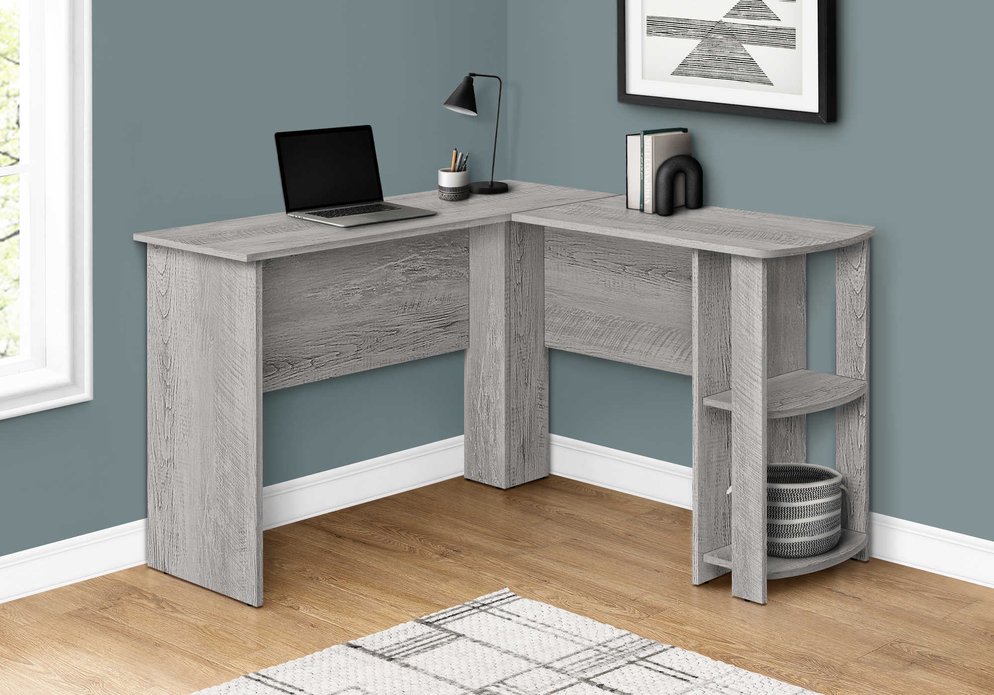 Image of computer desk - industrial grey l-shaped corner/2 shelves i 7720.