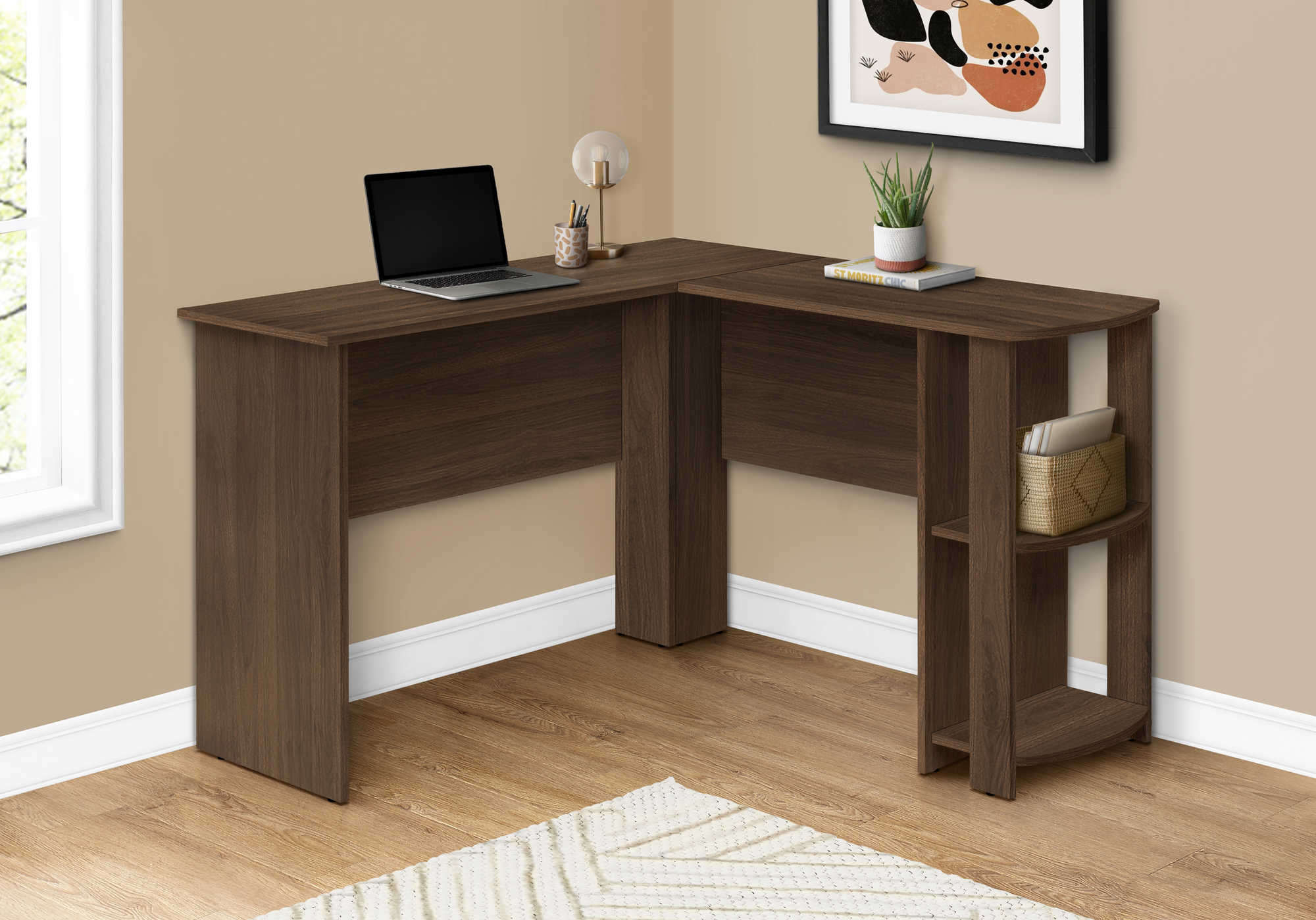 Image of computer desk - dark walnut l-shaped corner / 2 shelves i 7721.