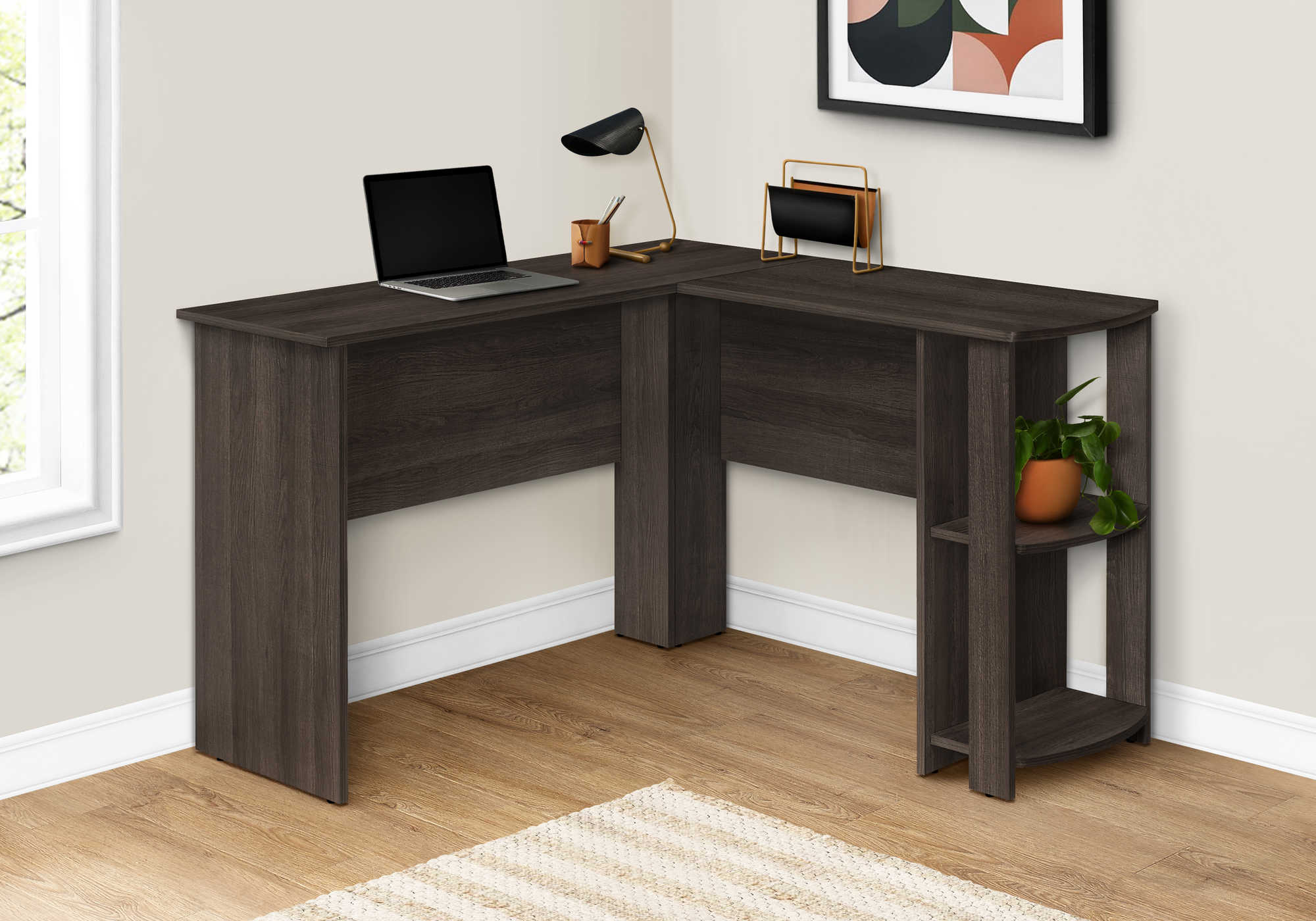 Image of computer desk - brown oak l-shaped corner / 2 shelves i 7722.