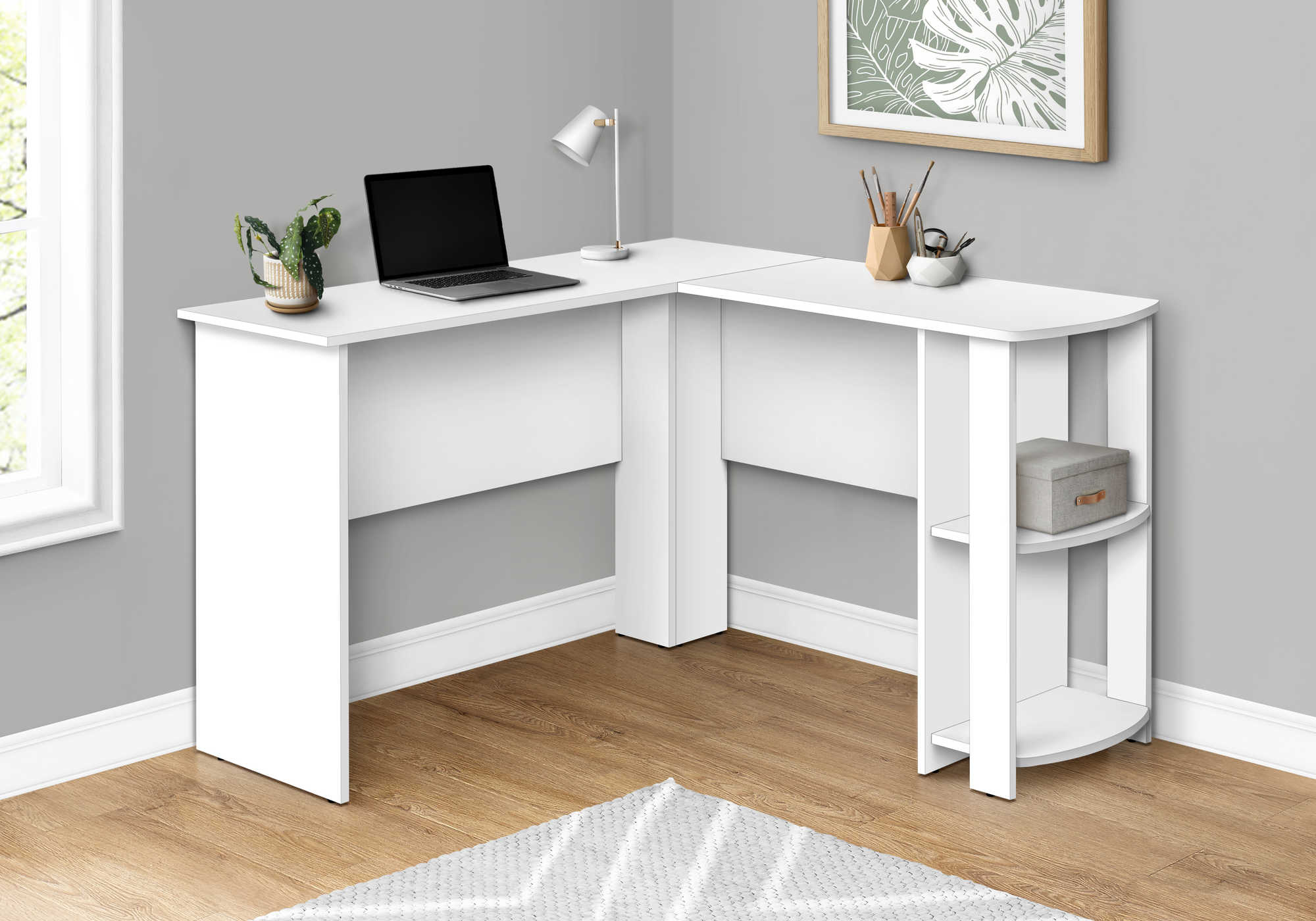 Image of computer desk - white l-shaped corner / 2 shelves i 7723.