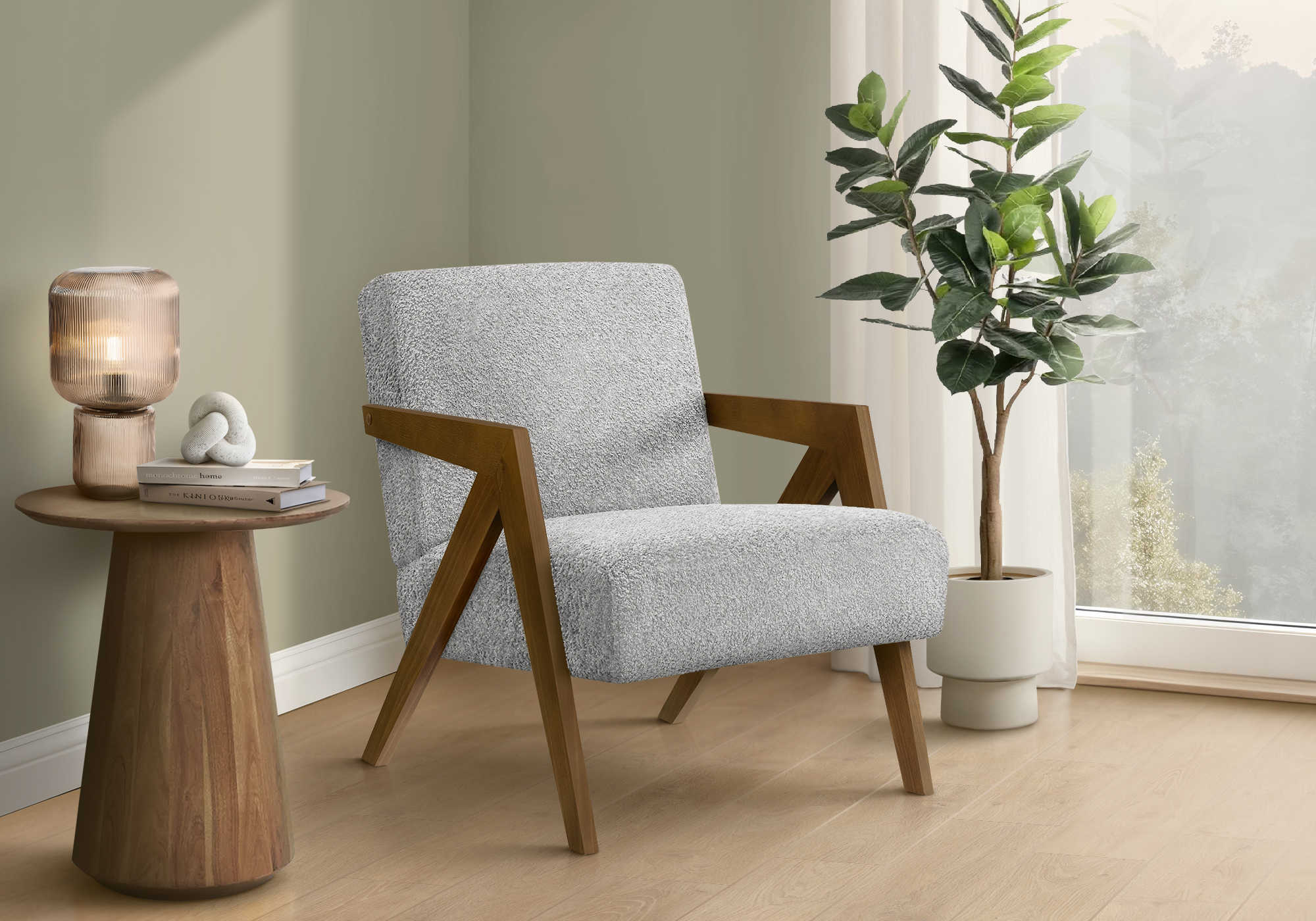 CHAISE D'APPOINT - 30"H / TISSU GRIS CLAIR / BOIS DE NOYER – I 8300