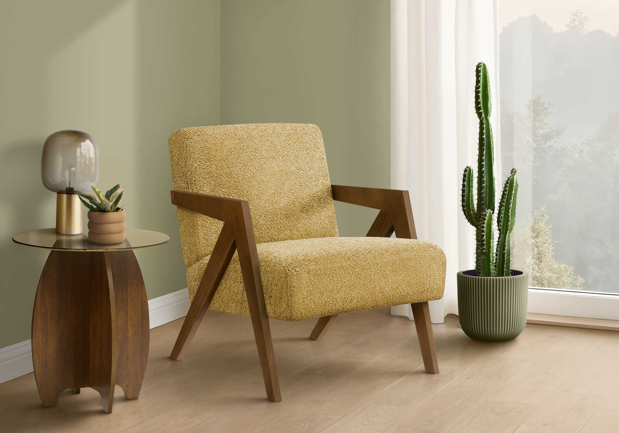 CHAISE D'APPOINT - 30"H / TISSU JAUNE / BOIS DE NOYER – I 8302