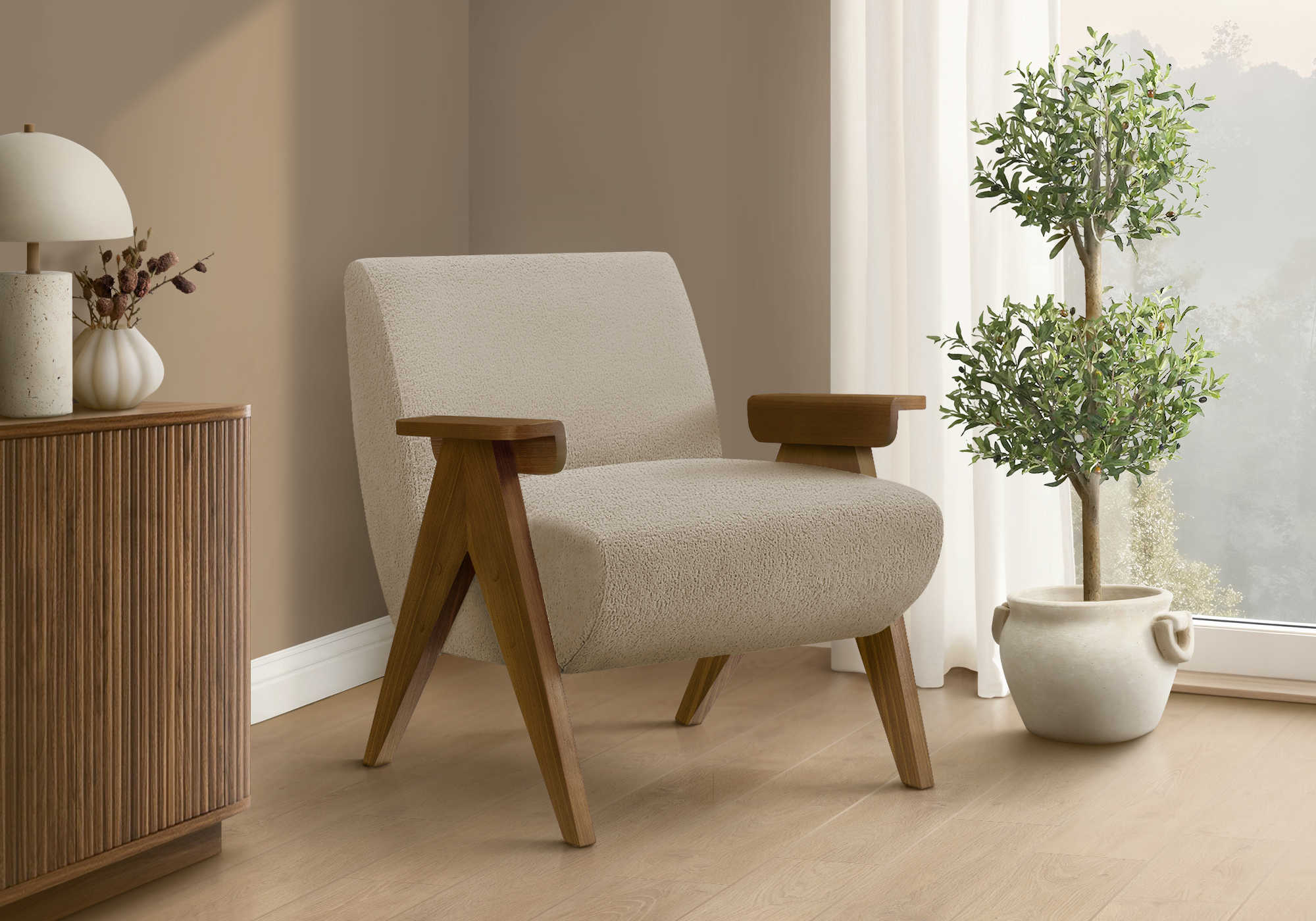 CHAISE D'APPOINT - 31"H / TISSU BEIGE / BOIS DE NOYER – I 8310