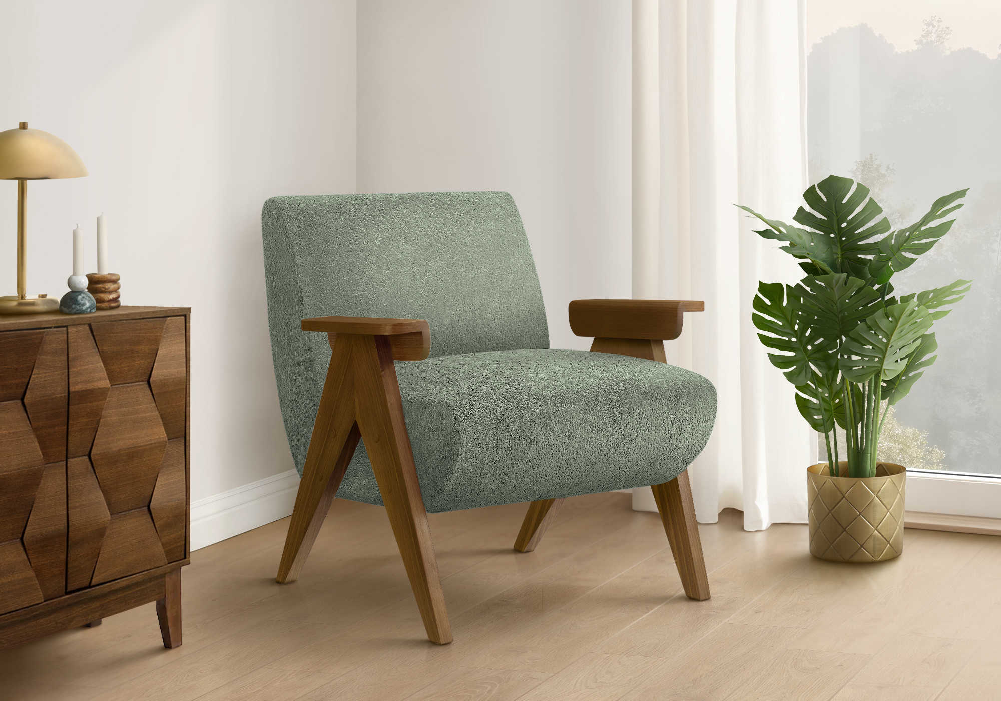 CHAISE D'APPOINT - 31"H / TISSU VERT / BOIS DE NOYER – I 8311