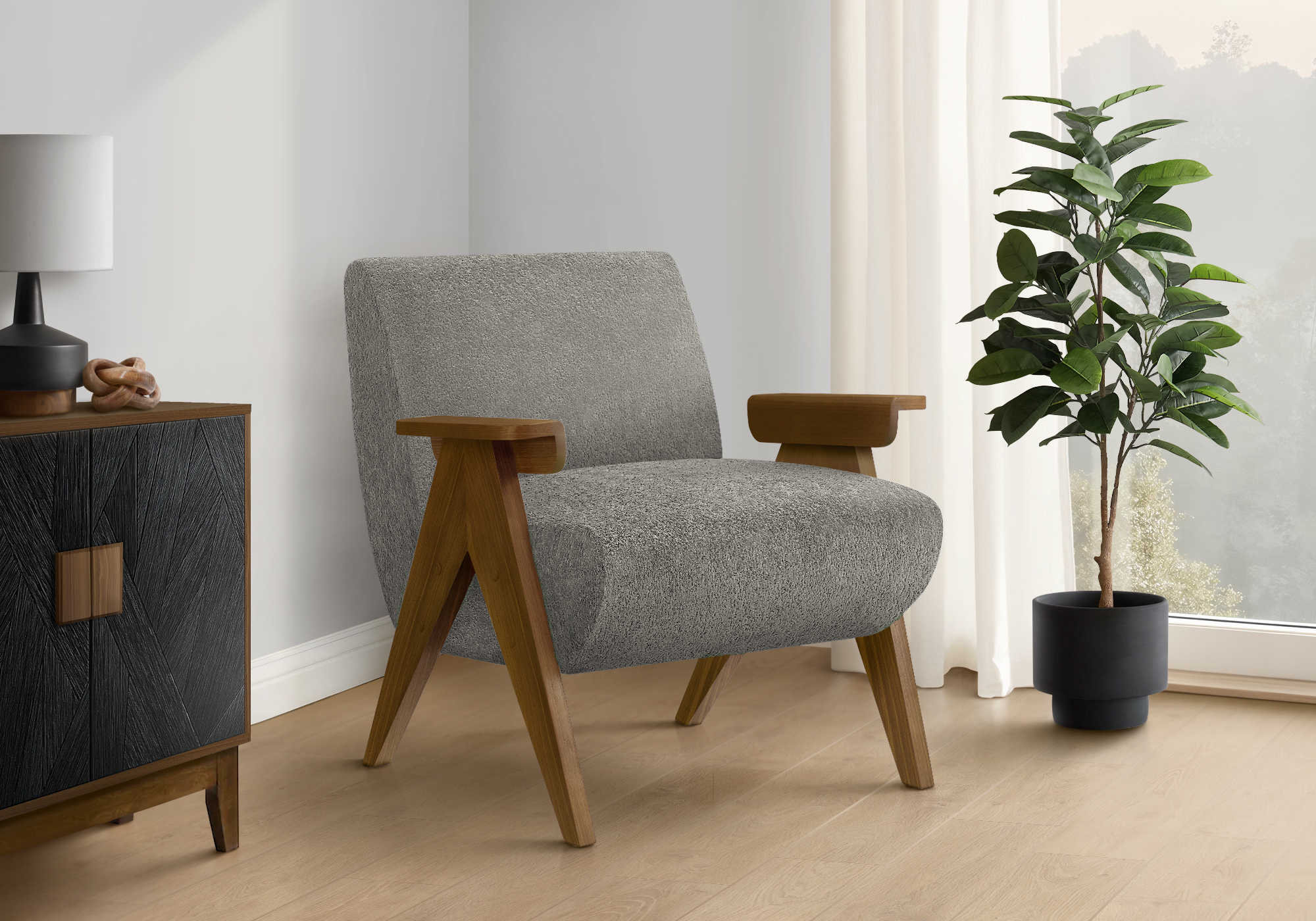 CHAISE D'APPOINT - 31"H / TISSU GRIS / BOIS DE NOYER – I 8312
