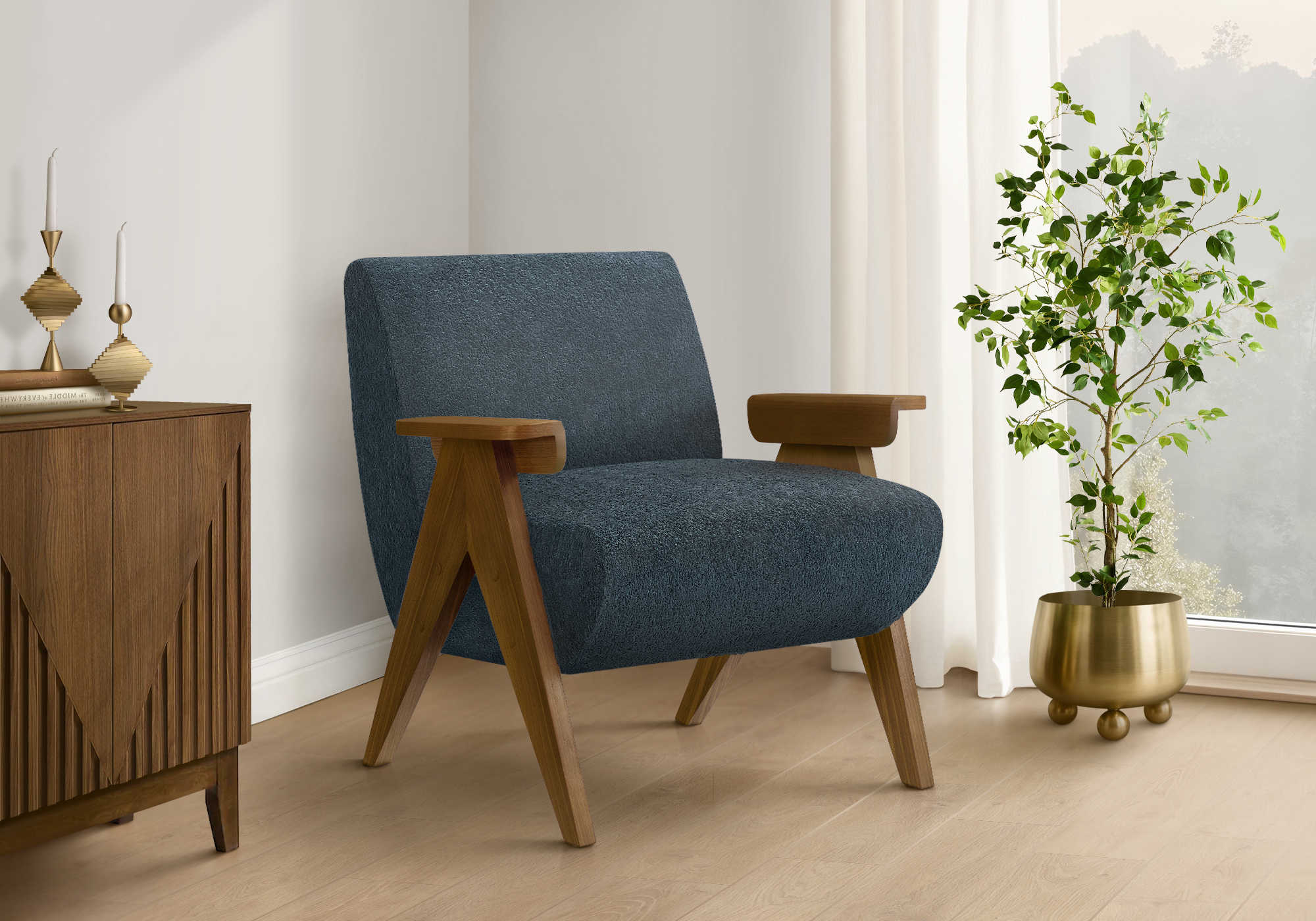 CHAISE D'APPOINT - 31"H / TISSU BLEU / BOIS DE NOYER – I 8313