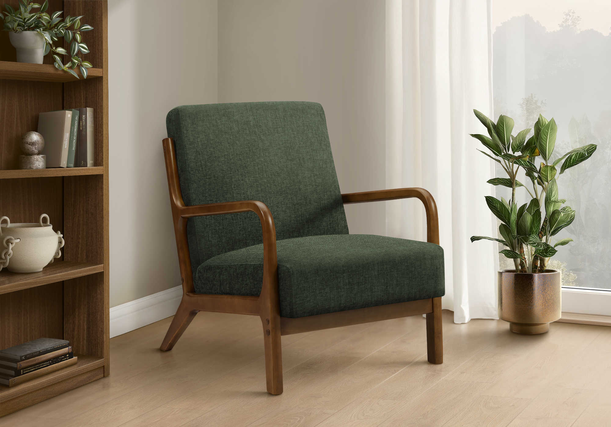 CHAISE D'APPOINT - 34"H / TISSU VERT / BOIS DE NOYER – I 8332