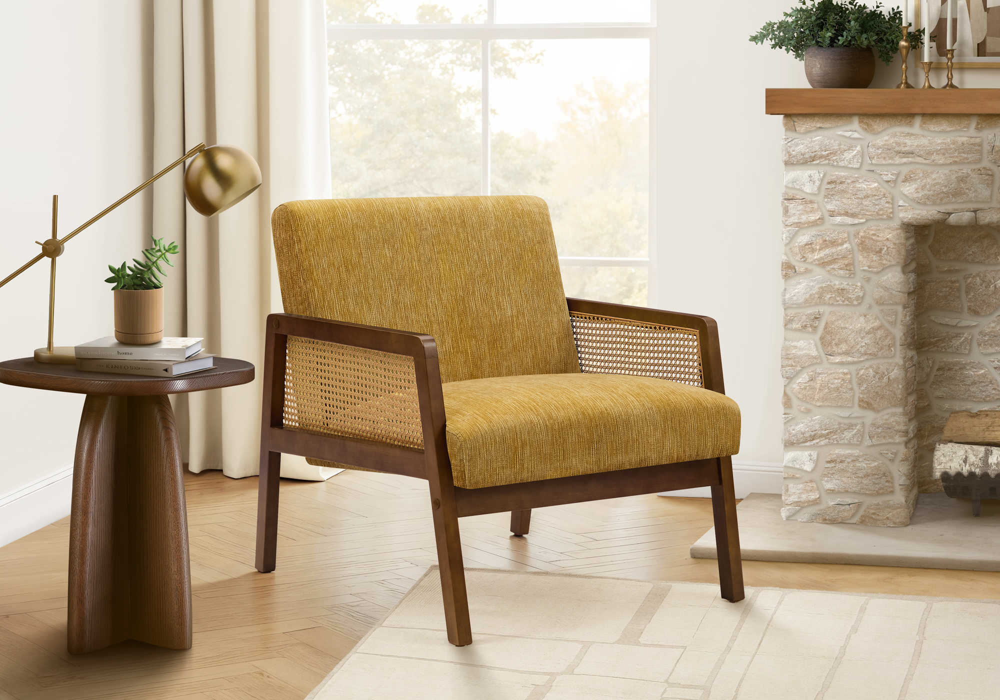 CHAISE D'APPOINT - 30"H / TISSU DORE / BOIS DE NOYER – I 8338