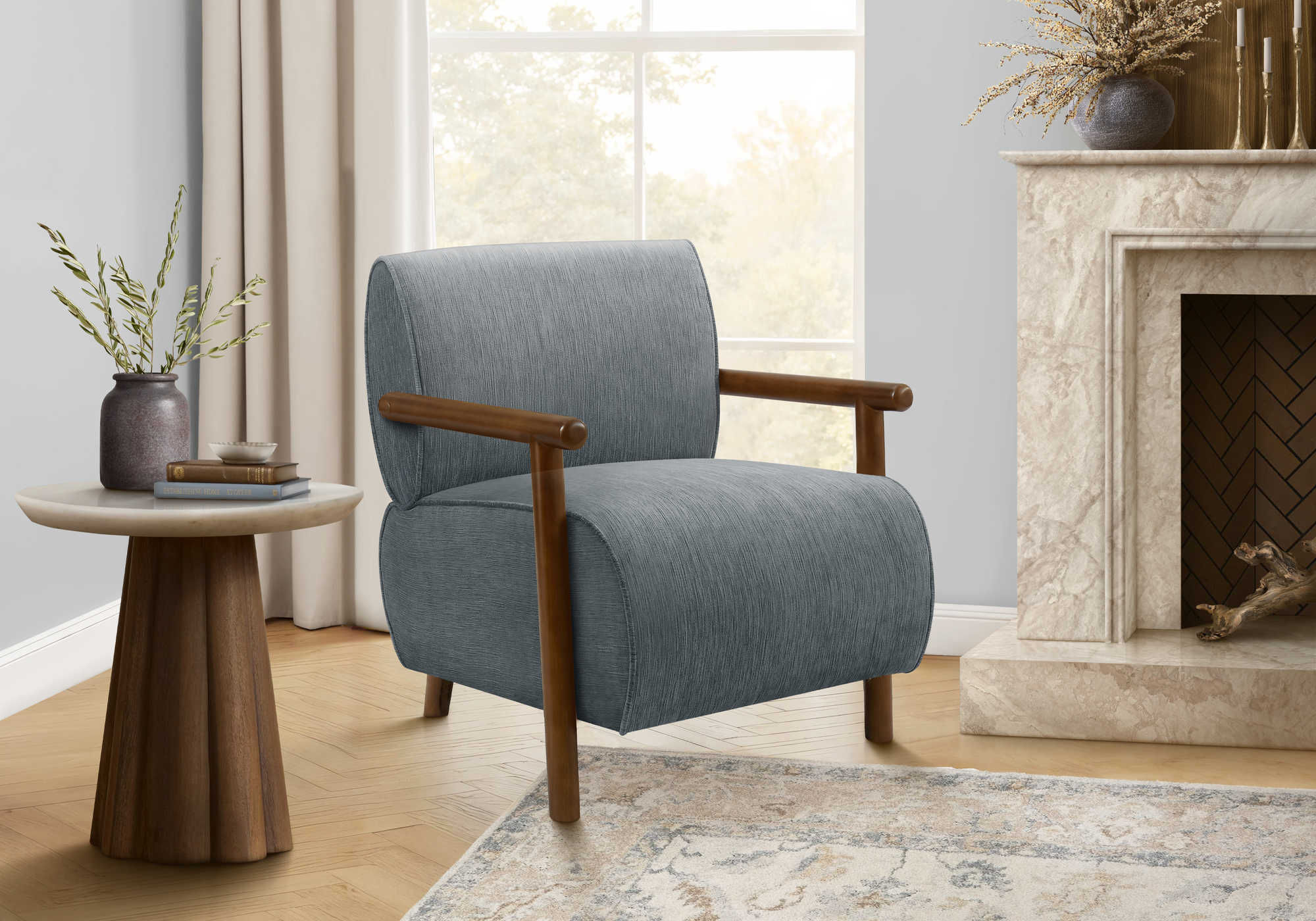CHAISE D'APPOINT - 31"H / TISSU BLEU CLAIR / BOIS DE NOYER – I 8341