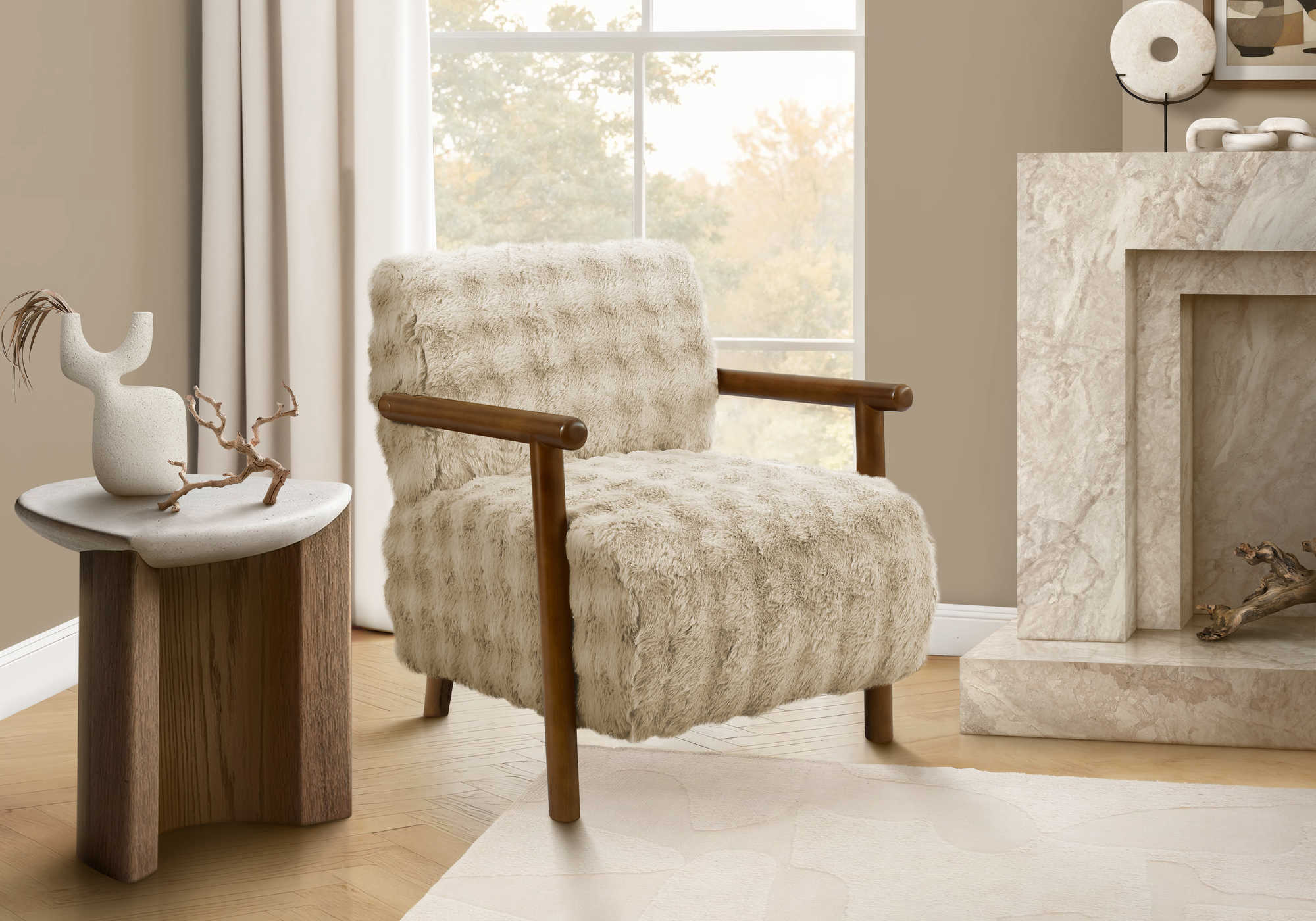 CHAISE D'APPOINT - 31"H / FAUX FOURRURE BRUN / BOIS DE NOYER – I 8343