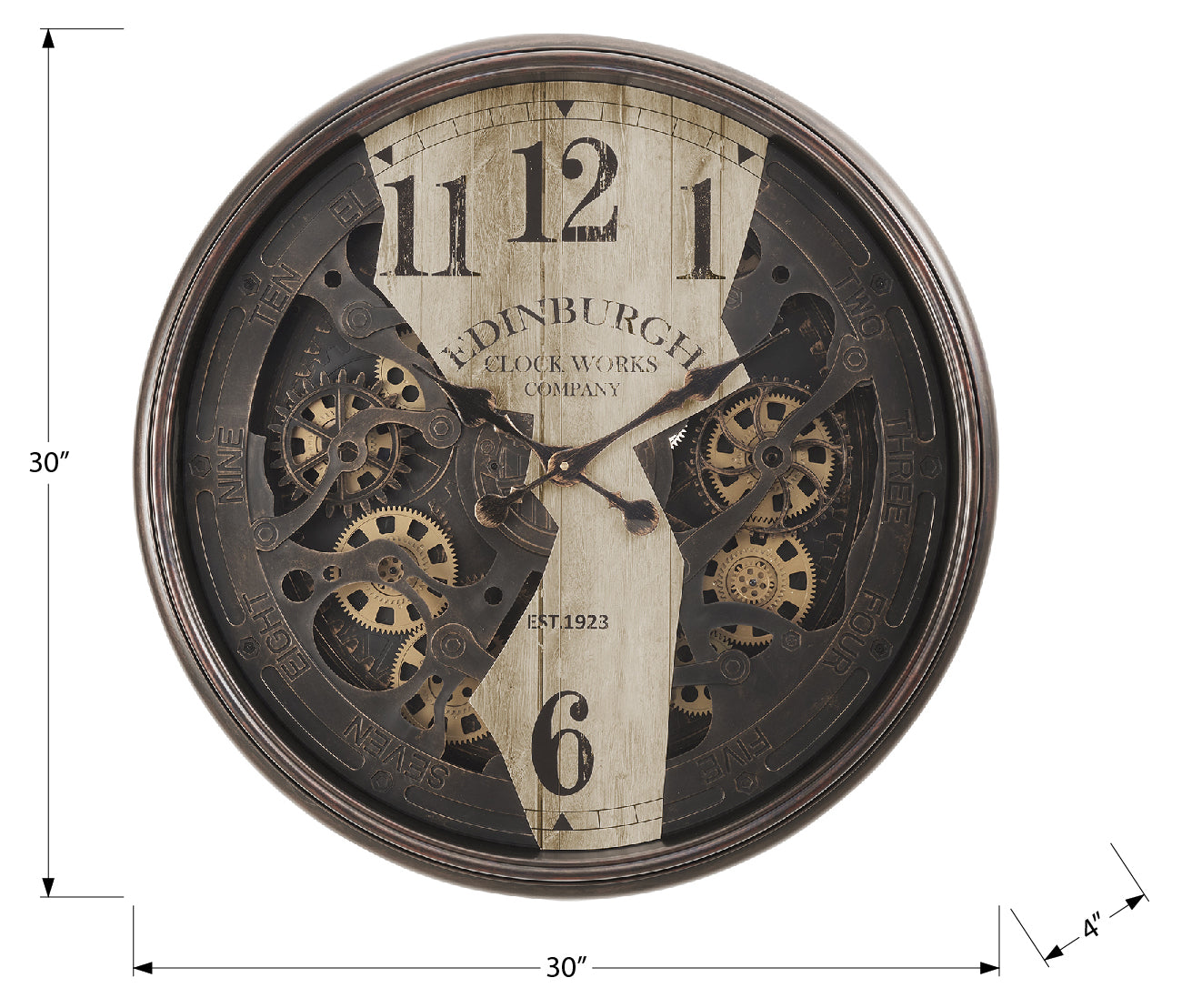 HORLOGE - 30" DIA. MURALE / MECANISME D'ENGRENAGE /  BRUN – I 9023