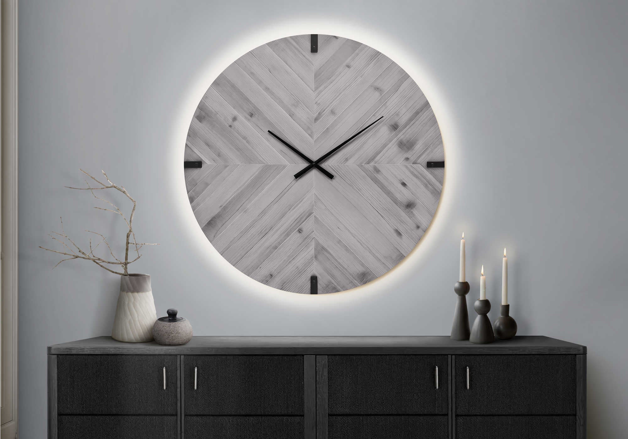 HORLOGE - 30" DIA. MURALE /  GRIS AVEC LUMIERE LED – I 9038