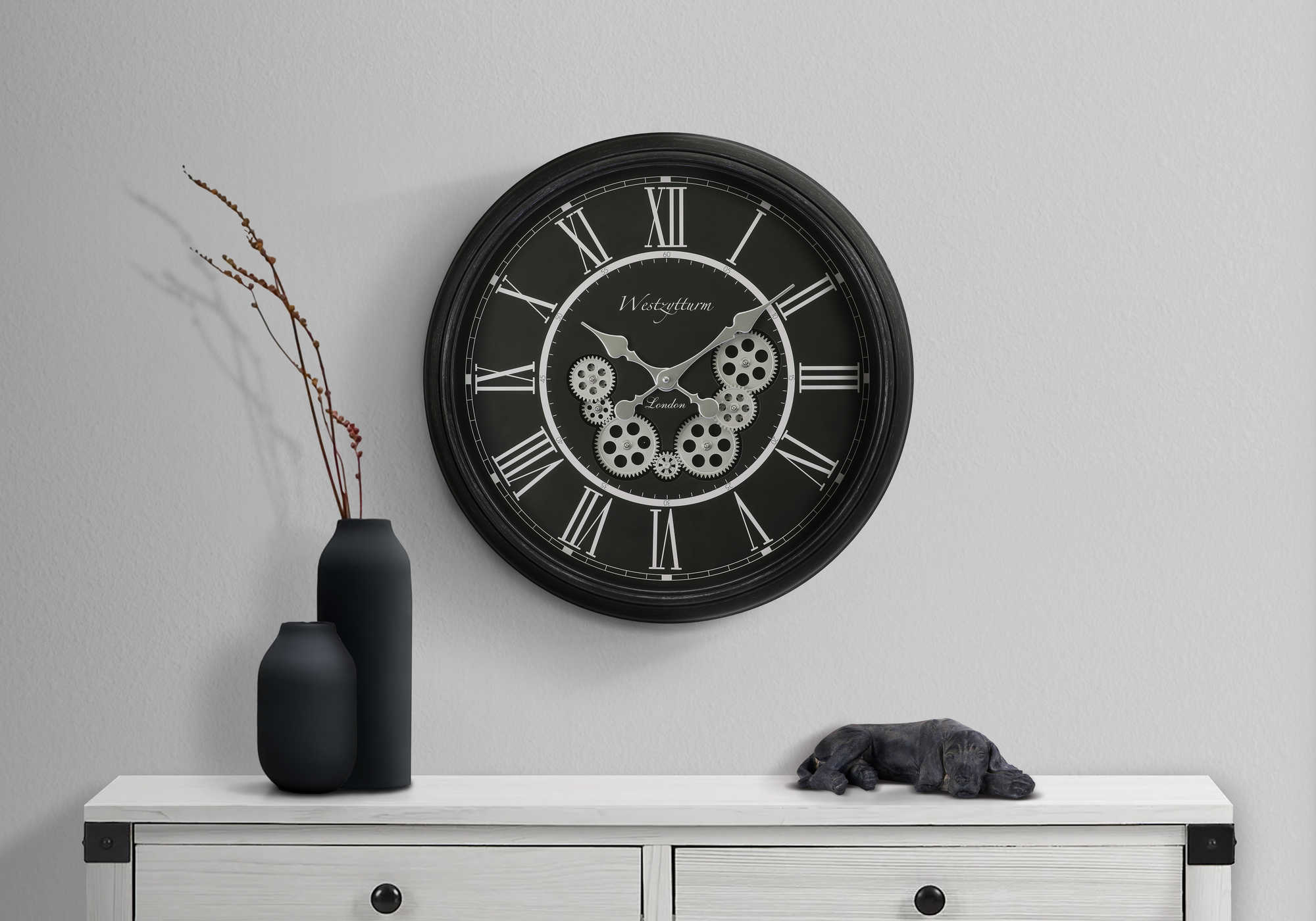 HORLOGE - 23" DIA. MURALE / MECANISME D'ENGRENAGE /  NOIR – I 9072