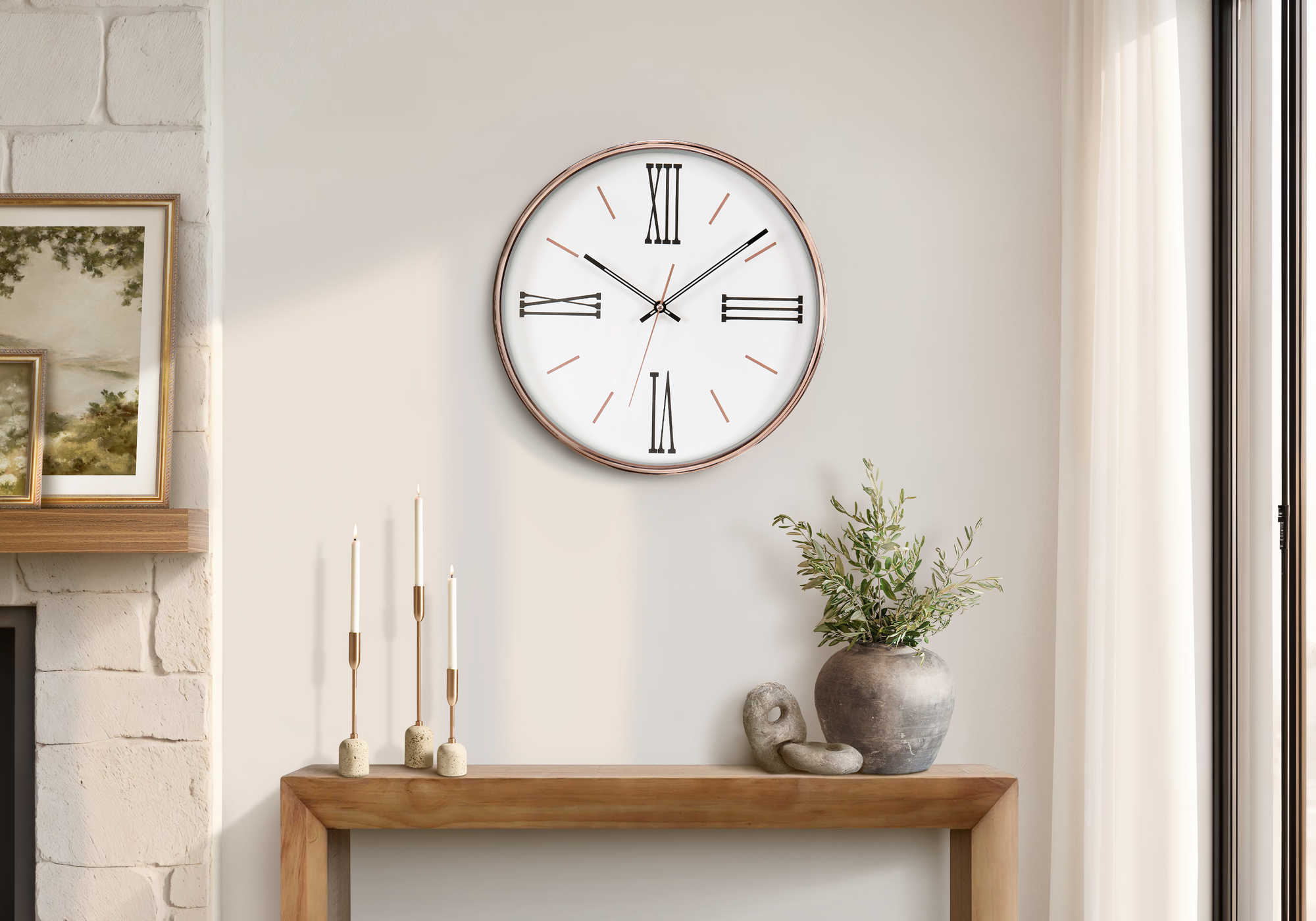 HORLOGE - 14" DIA. MURALE /  FINI BLANC AVEC CADRE DORE – I 9094