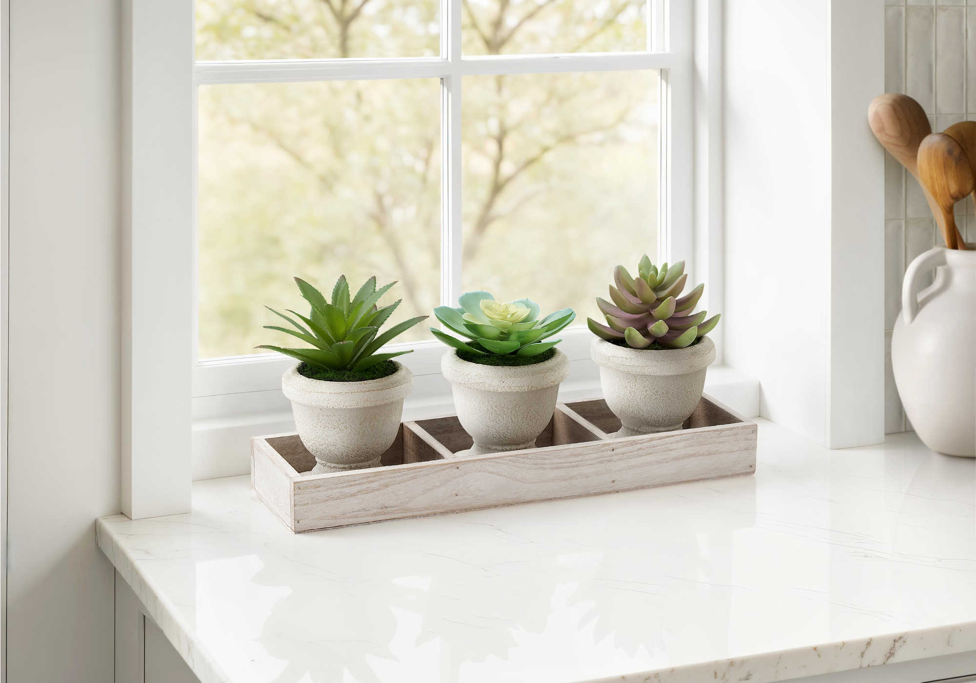 PLANTE ARTIFICIELLE - 3MCX / 6"H SUCCULENTE POT BEIGE / BOIS – I 9373