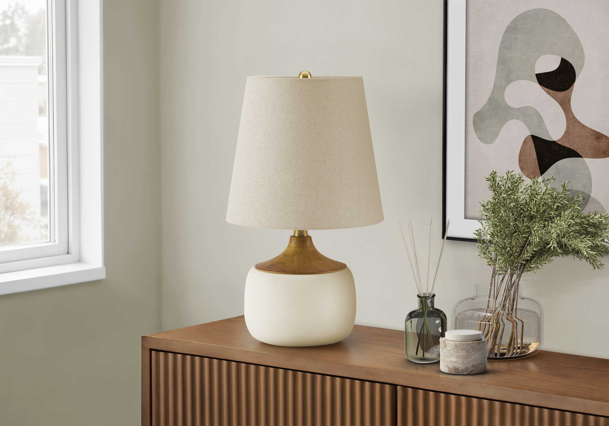 LUMINAIRE - 19"H LAMPE DE TABLE BEIGE CERAMIQUE / BEIGE – I 9419