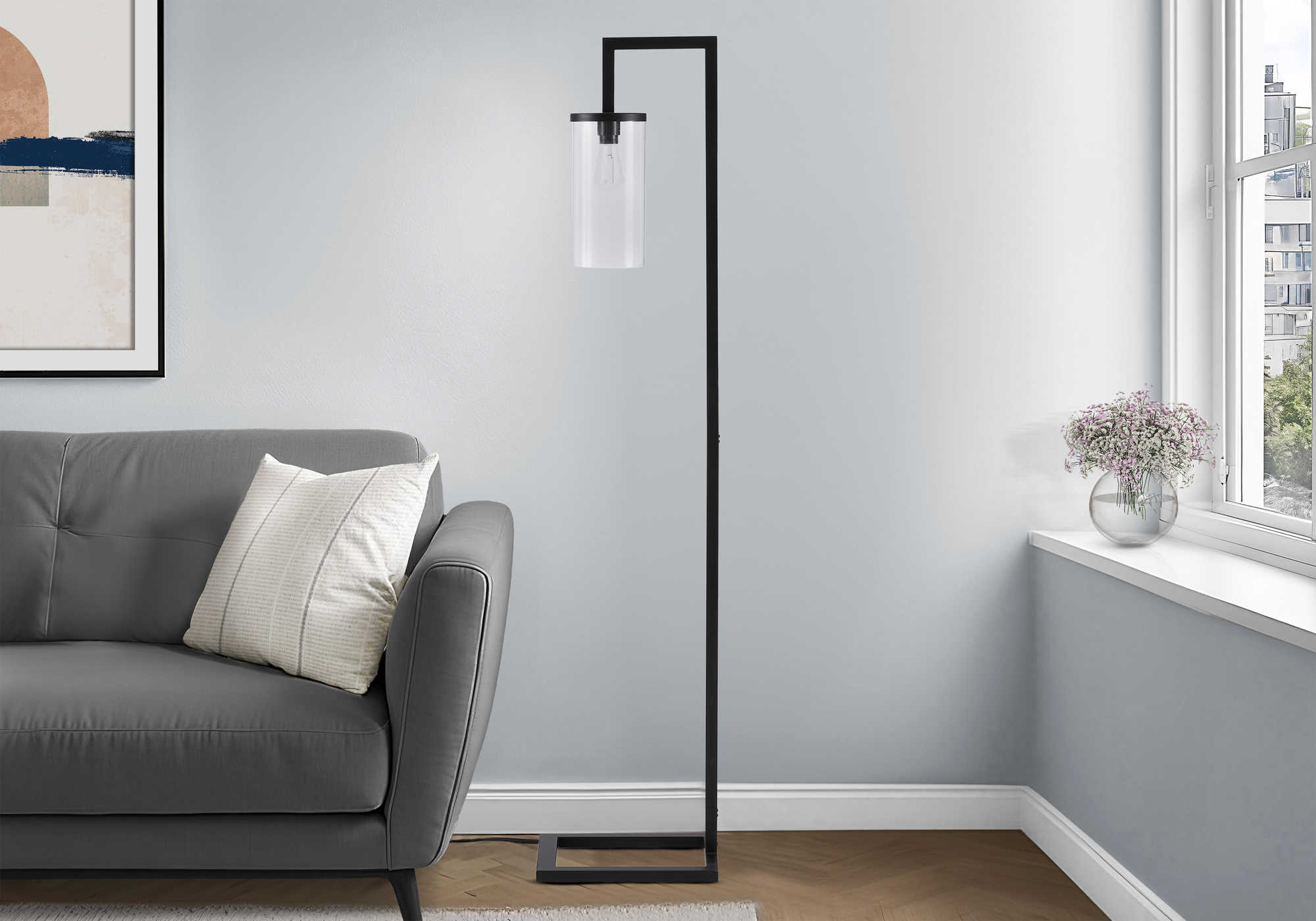 LUMINAIRE - 68"H LAMPE SUR PIED NOIR METAL / VERRE TREMPE – I 9656