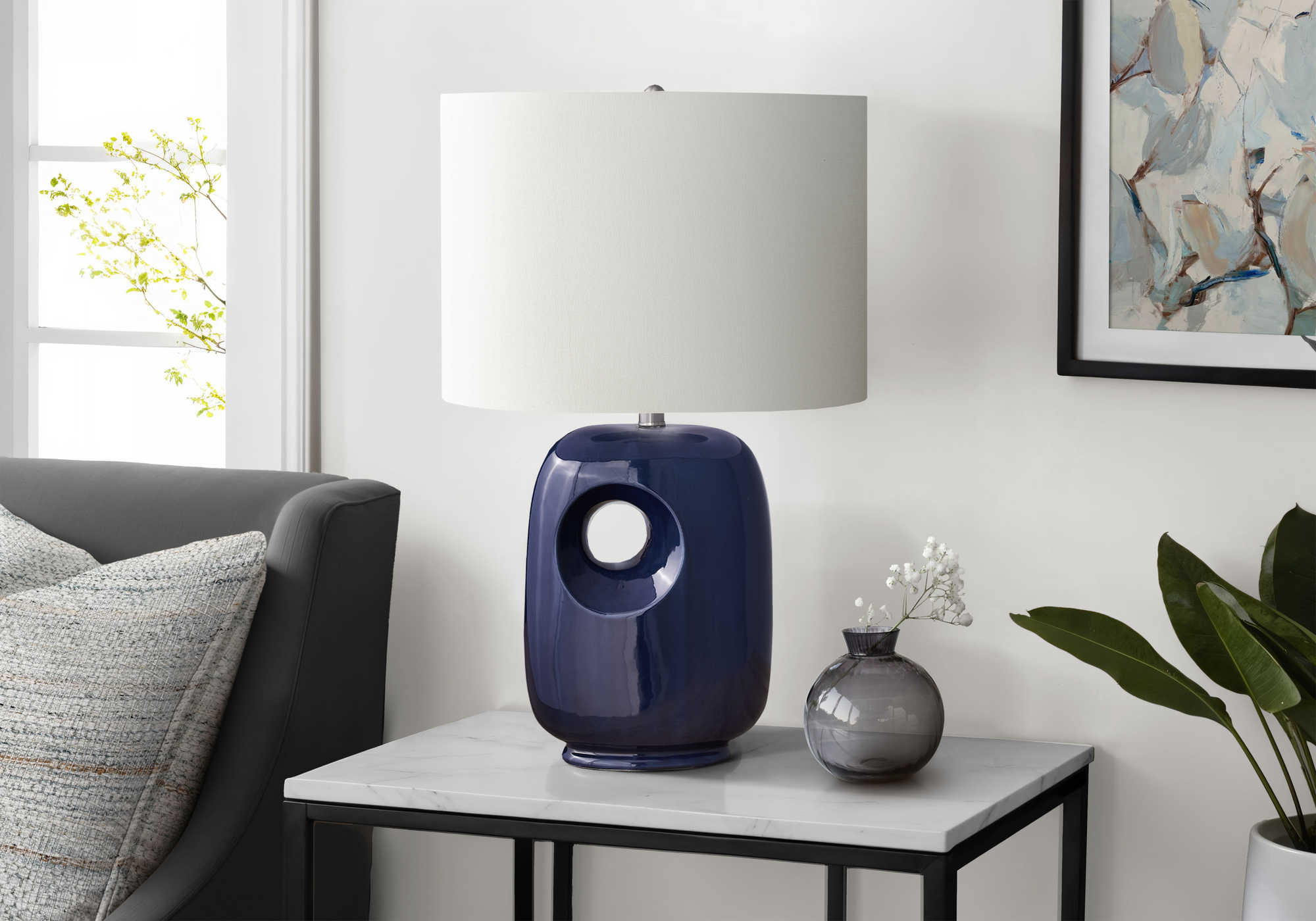 LUMINAIRE - 26"H LAMPE DE TABLE BLEU CERAMIQUE / IVOIRE – I 9677.