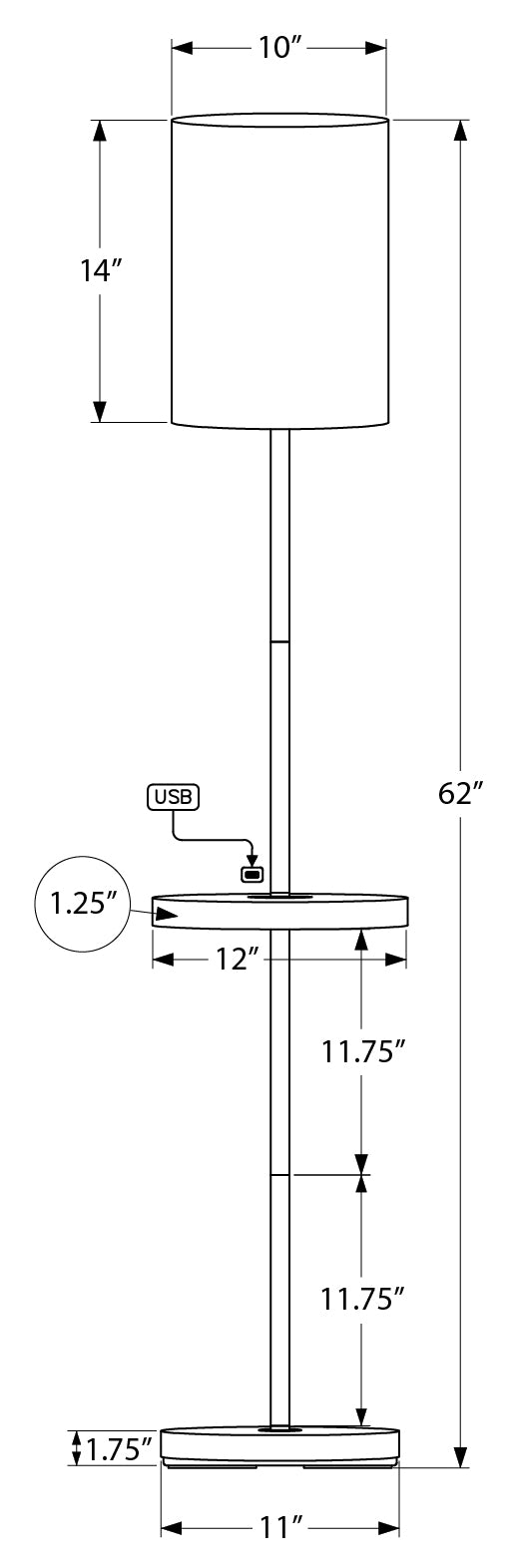 LUMINAIRE - 62"H LAMPE SUR PIED ARGENT METAL / GRIS / USB – I 9692