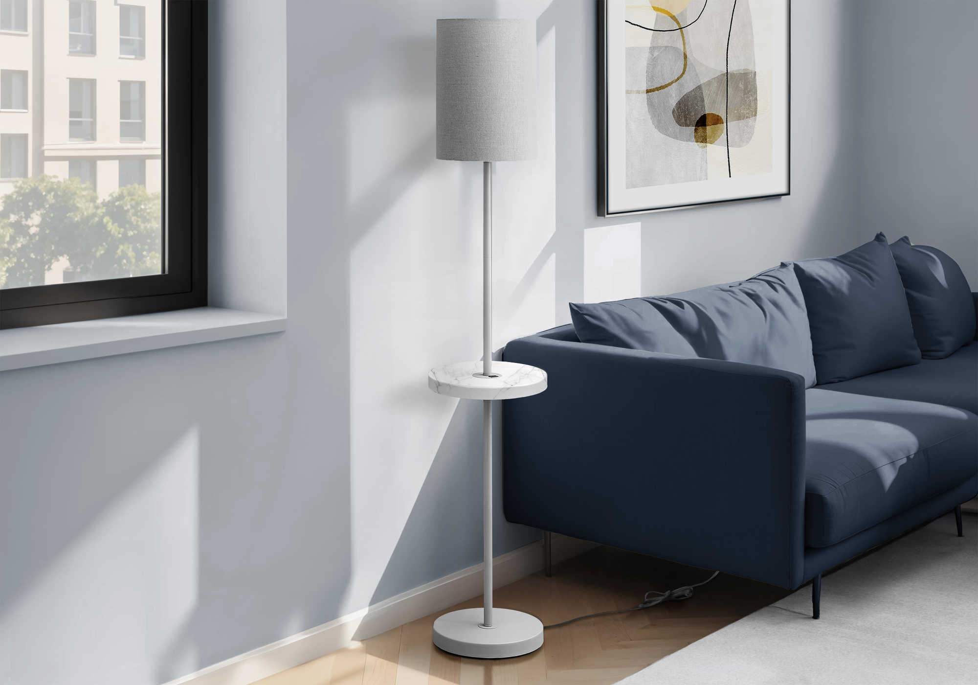 LUMINAIRE - 62"H LAMPE SUR PIED ARGENT METAL / GRIS / USB – I 9692