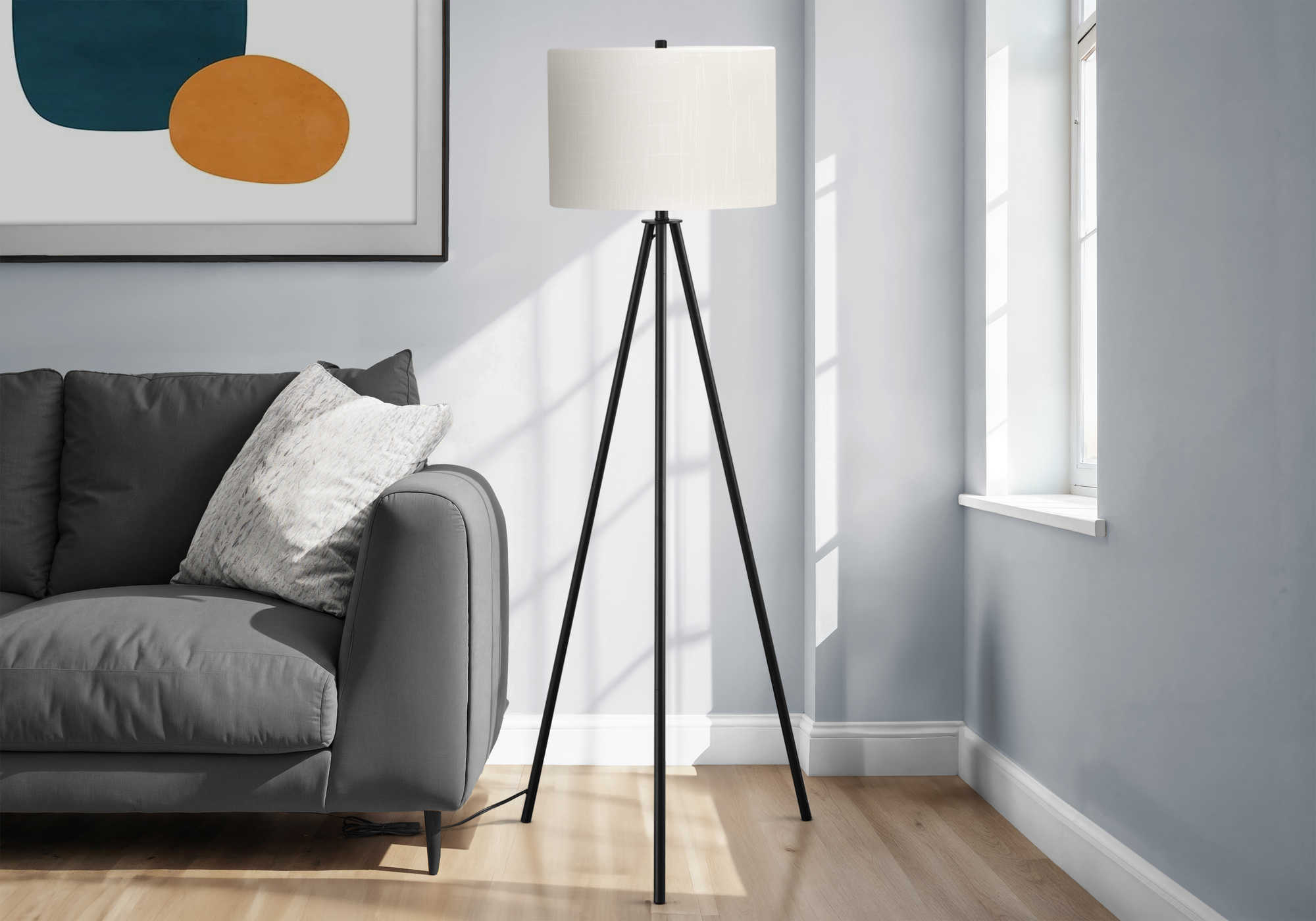 LUMINAIRE - 63"H LAMPE SUR PIED TREPIED NOIR METAL / IVOIRE – I 9735.