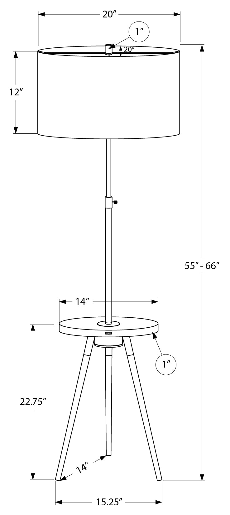 LUMINAIRE - 63"H LAMPE SUR PIED TREPIED LAITON METAL / USB – I 9746.