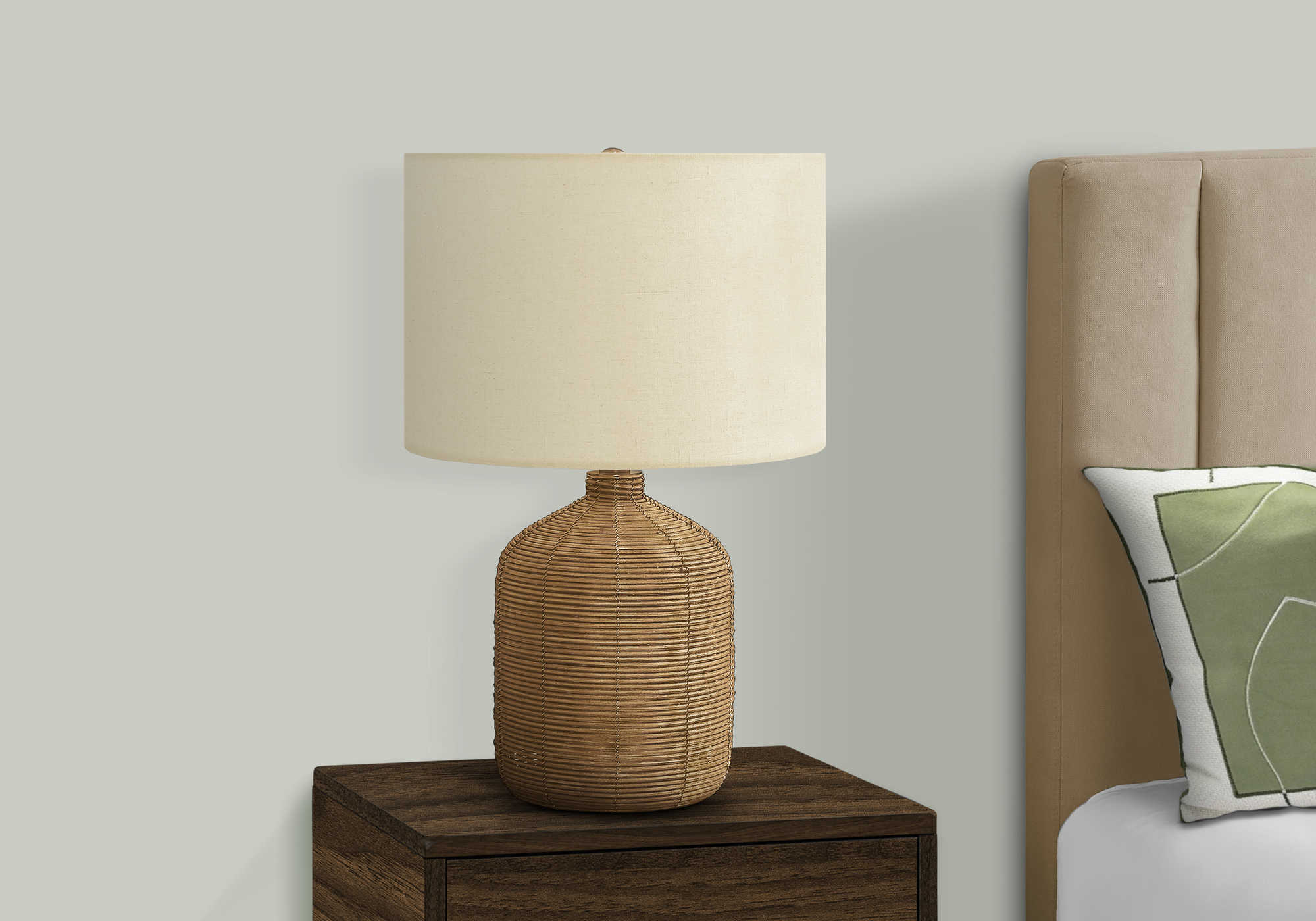 Image of lighting - 23"h table lamp brown rattan / beige shade.