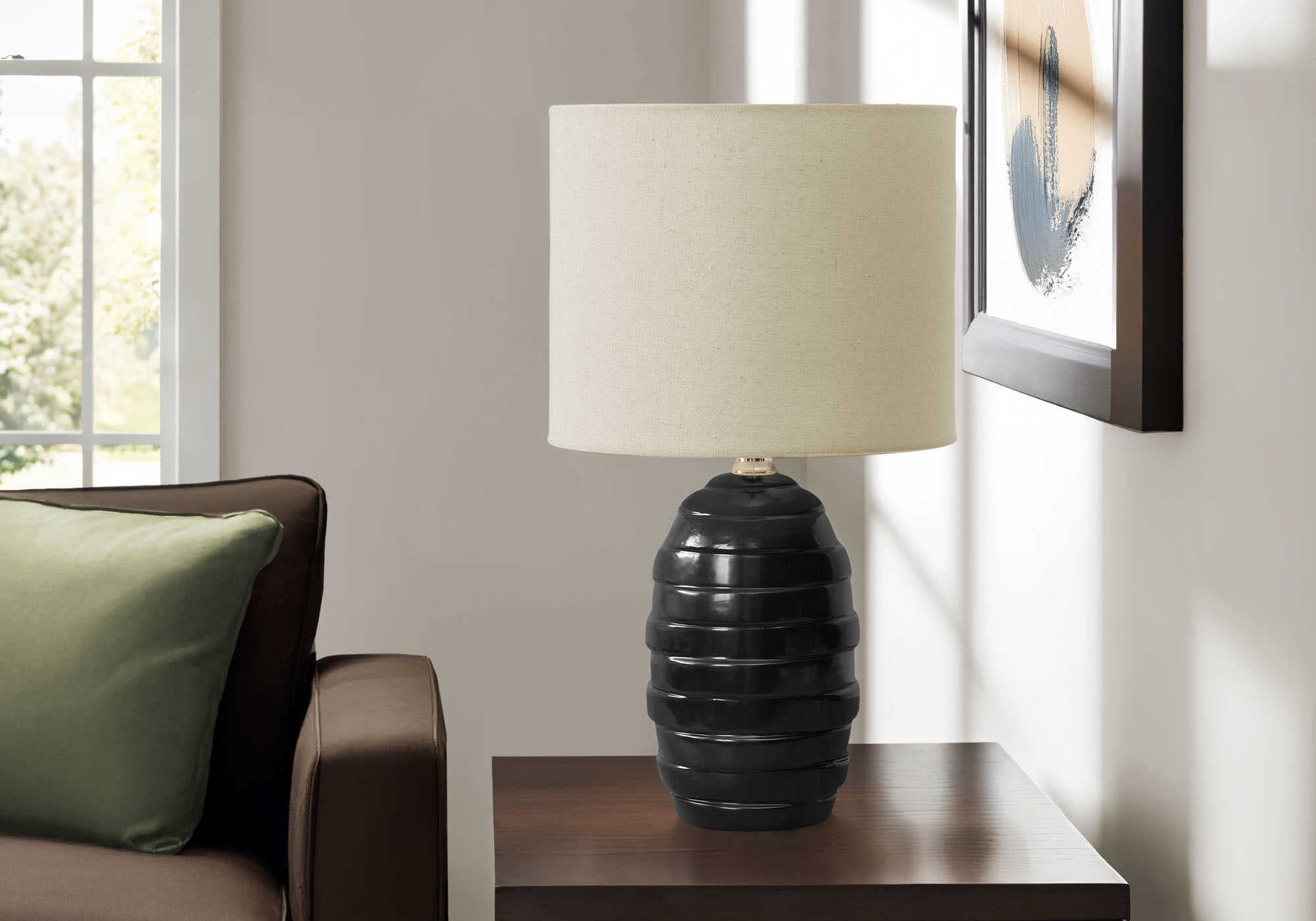 LUMINAIRE - 17"H LAMPE DE TABLE NOIR CERAMIQUE / BEIGE – I 9790