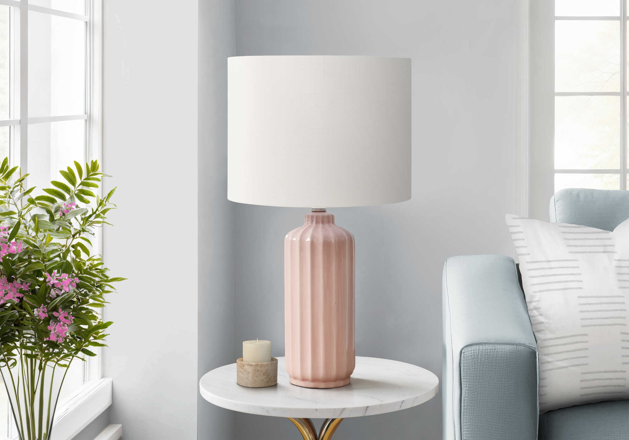 LUMINAIRE - 23"H LAMPE DE TABLE ROSE CERAMIQUE / IVOIRE – I 9871